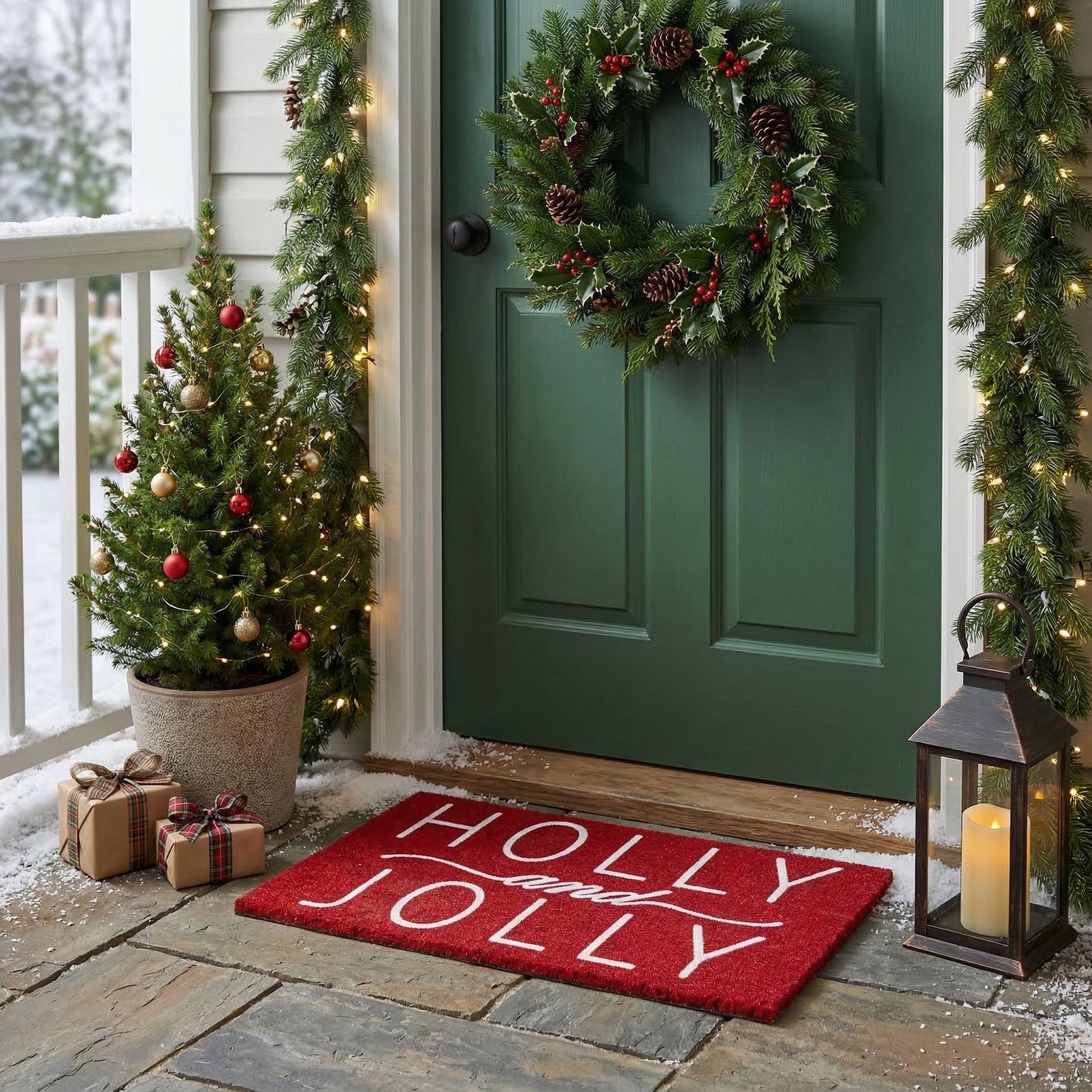 Coir Door Mat Holly and Jolly Flock Print, Christmas, Door Mat, Holiday Decor