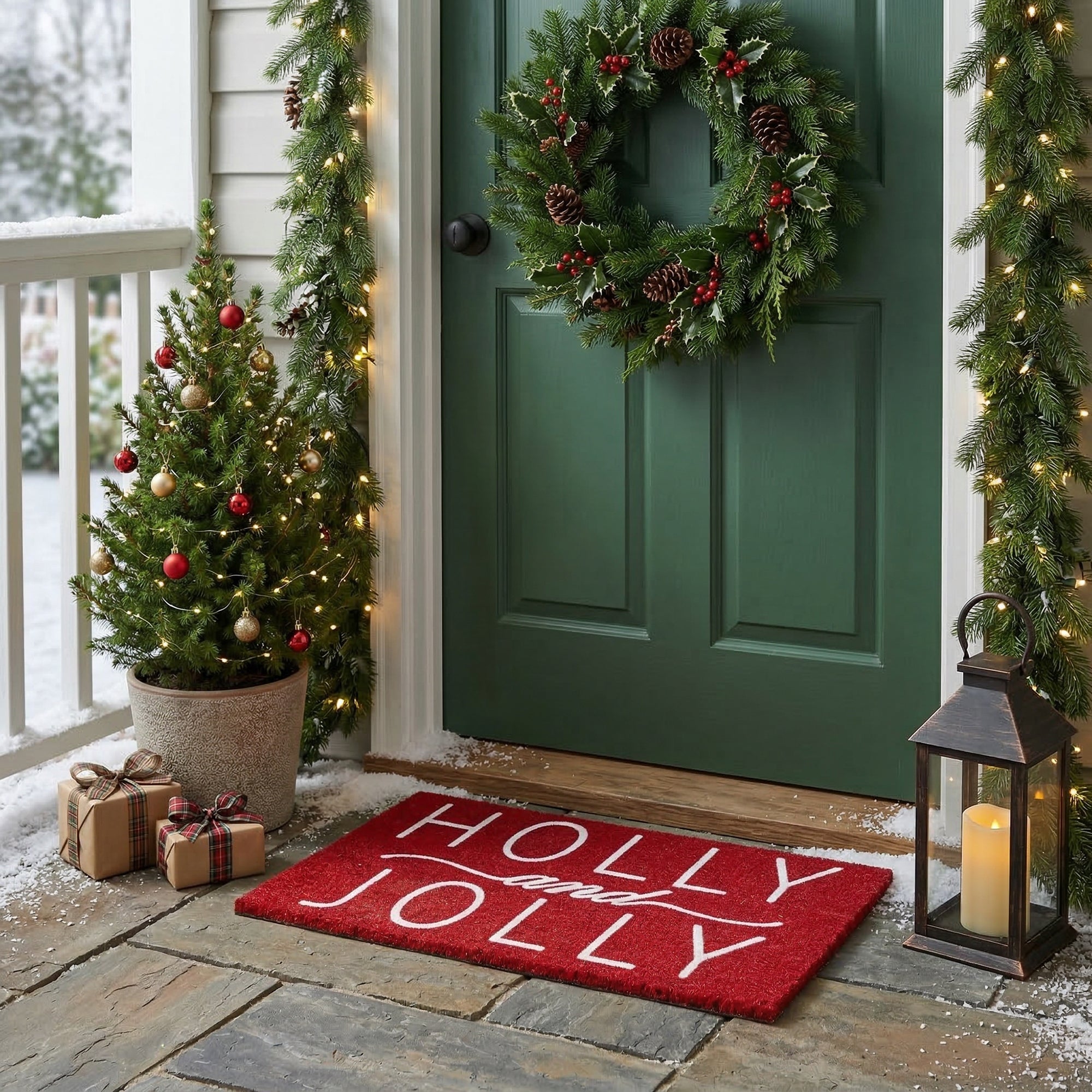 Coir Door Mat Holly and Jolly Flock Print, Christmas, Door Mat, Holiday Decor