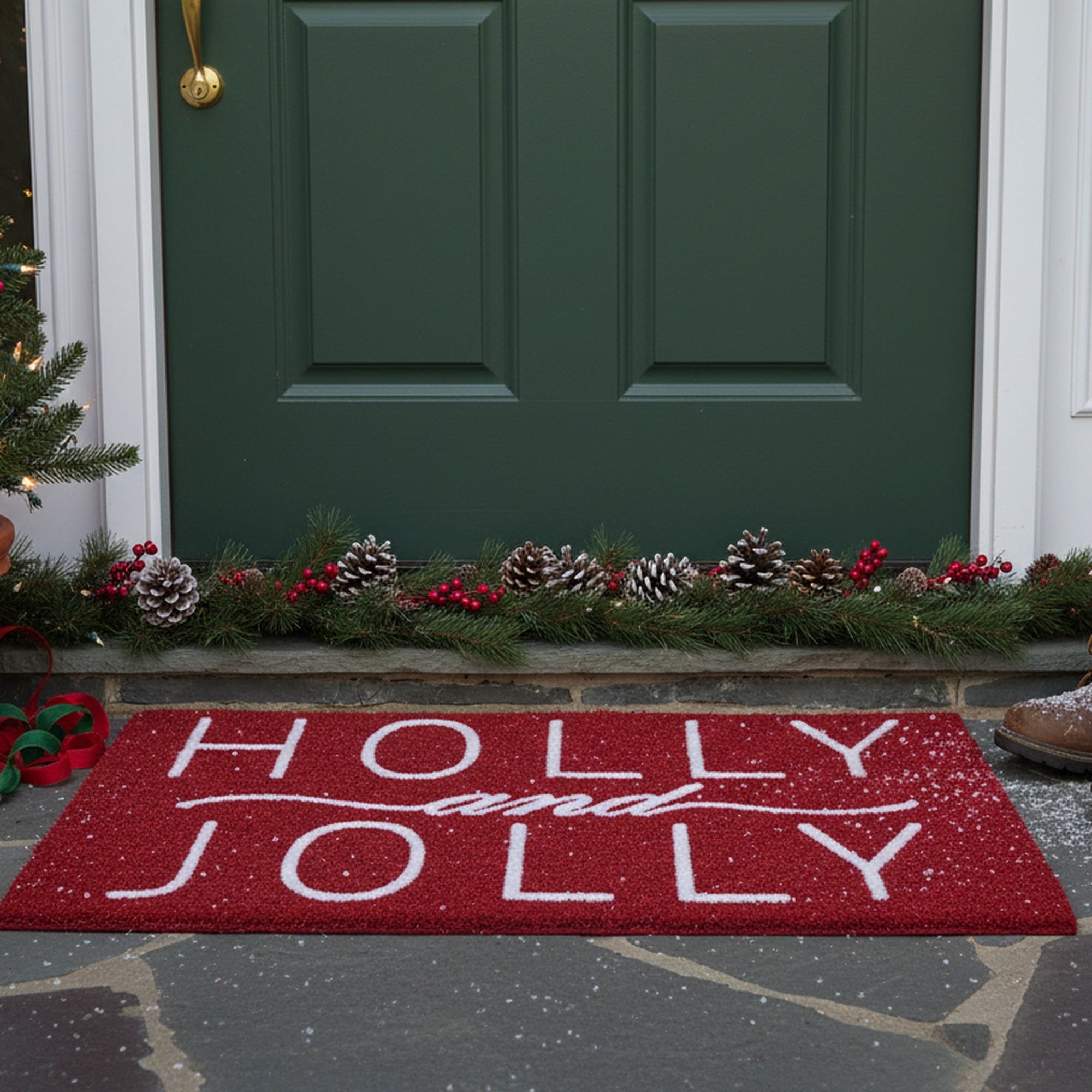 Coir Door Mat Holly and Jolly Flock Print, Christmas, Door Mat, Holiday Decor