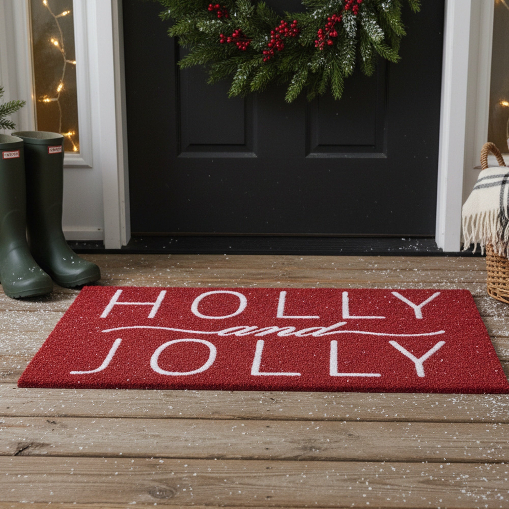 Coir Door Mat Holly and Jolly Flock Print, Christmas, Door Mat, Holiday Decor
