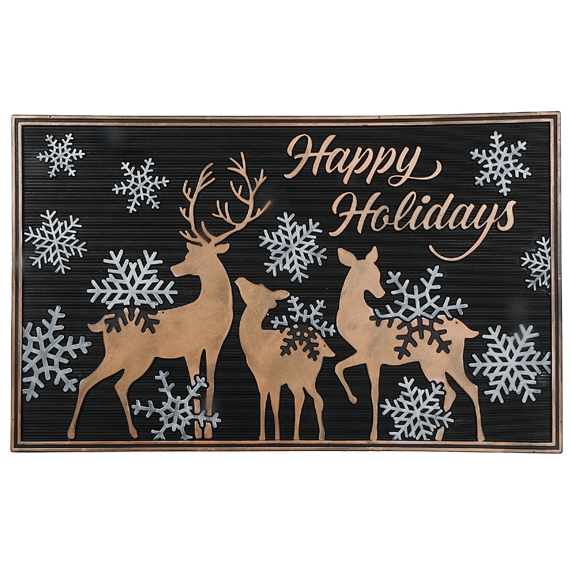 Rubber Mat Happy Holidays with Reindeer – Christmas Floor Mat, Holiday Welcome Mat, Festive Door Mat