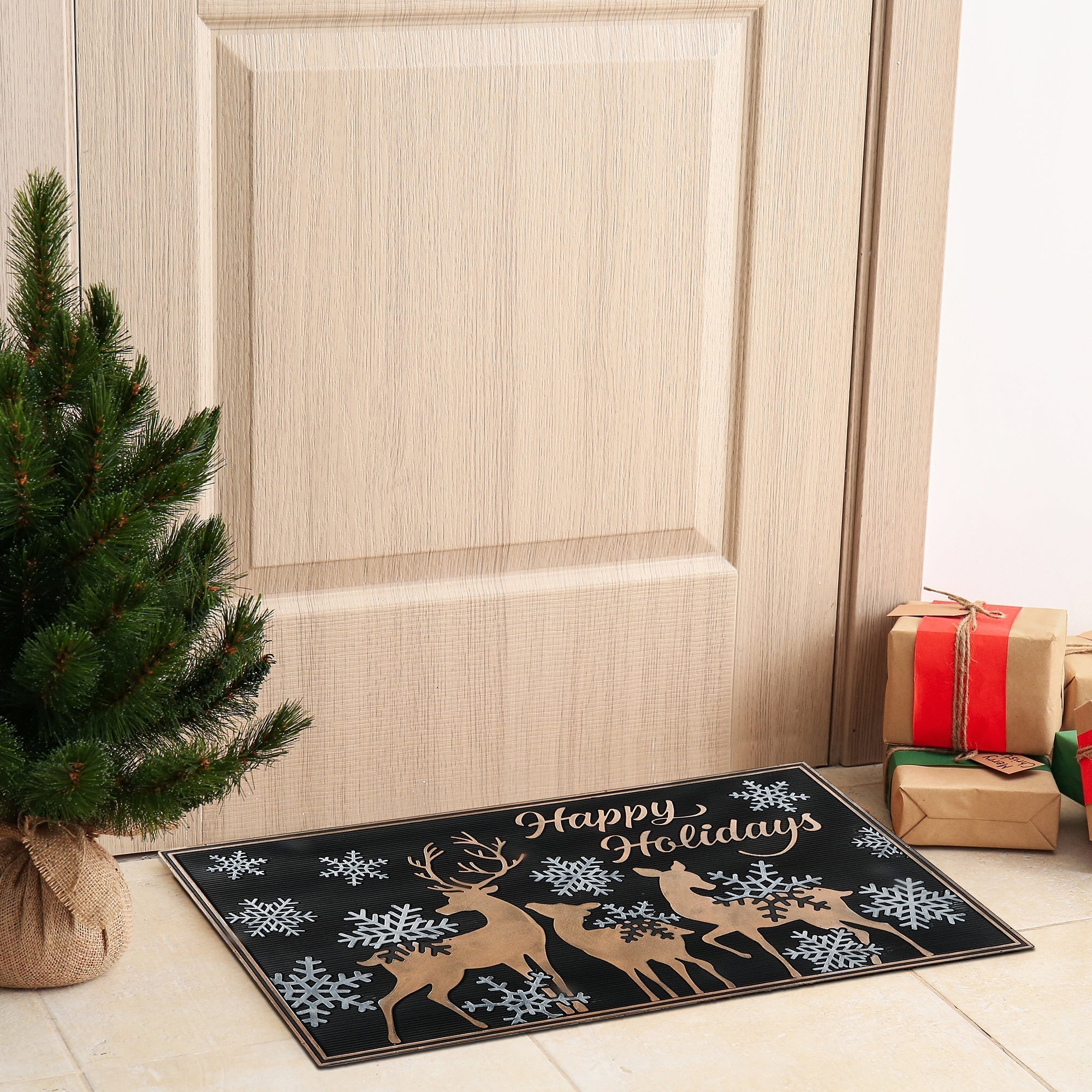 Rubber Mat Happy Holidays with Reindeer – Christmas Floor Mat, Holiday Welcome Mat, Festive Door Mat