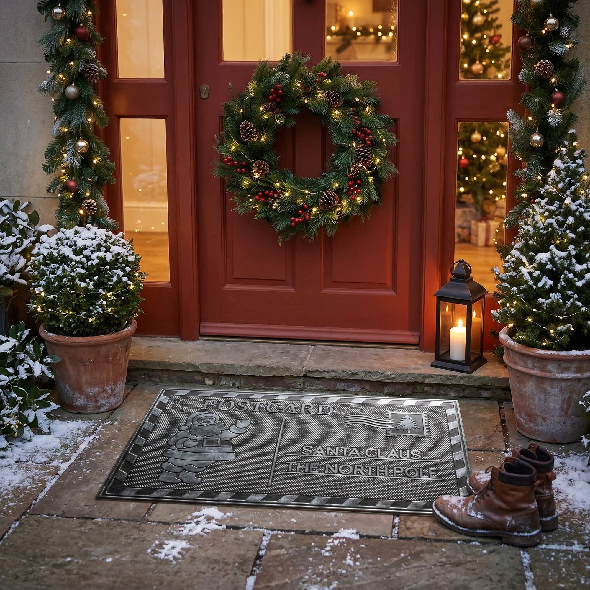 Rubber Mat Postcard Santa, Christmas, Door Mat, Holiday Decor