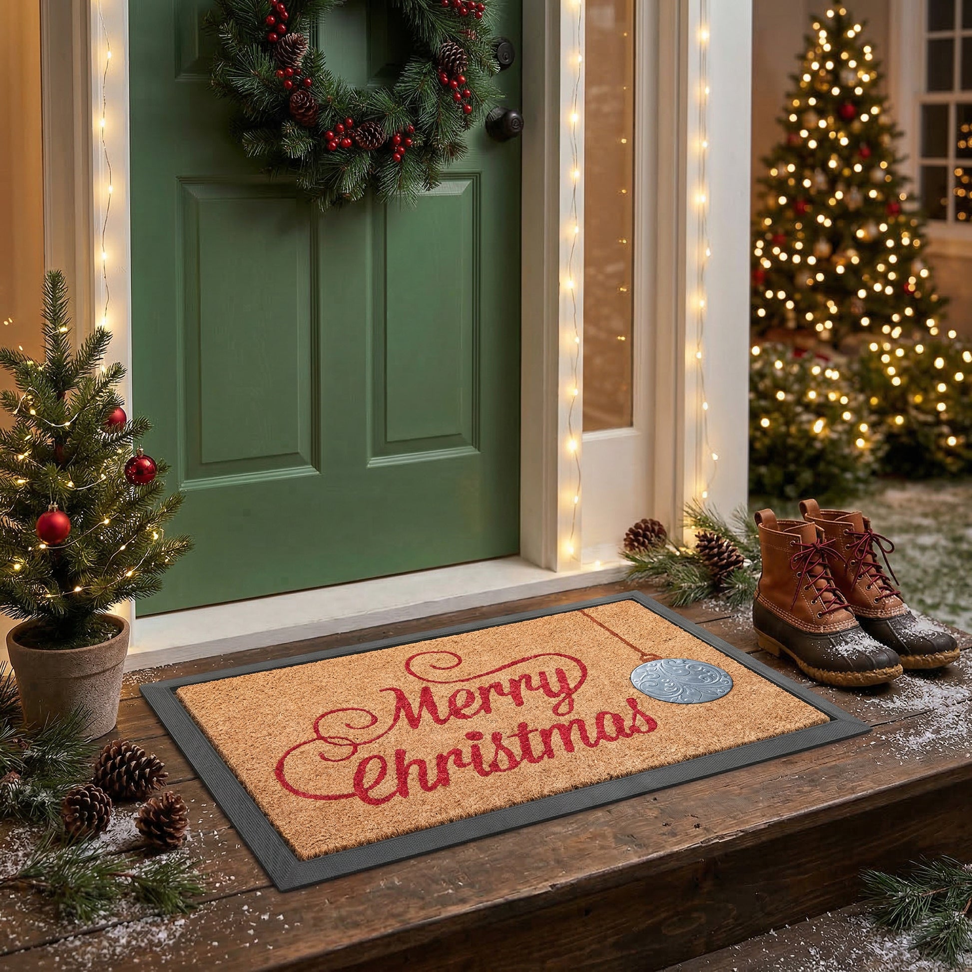 Coir Mat with Rubber Accent Merry Christmas With Ornament Accent, Christmas, Door Mat, Holiday Decor