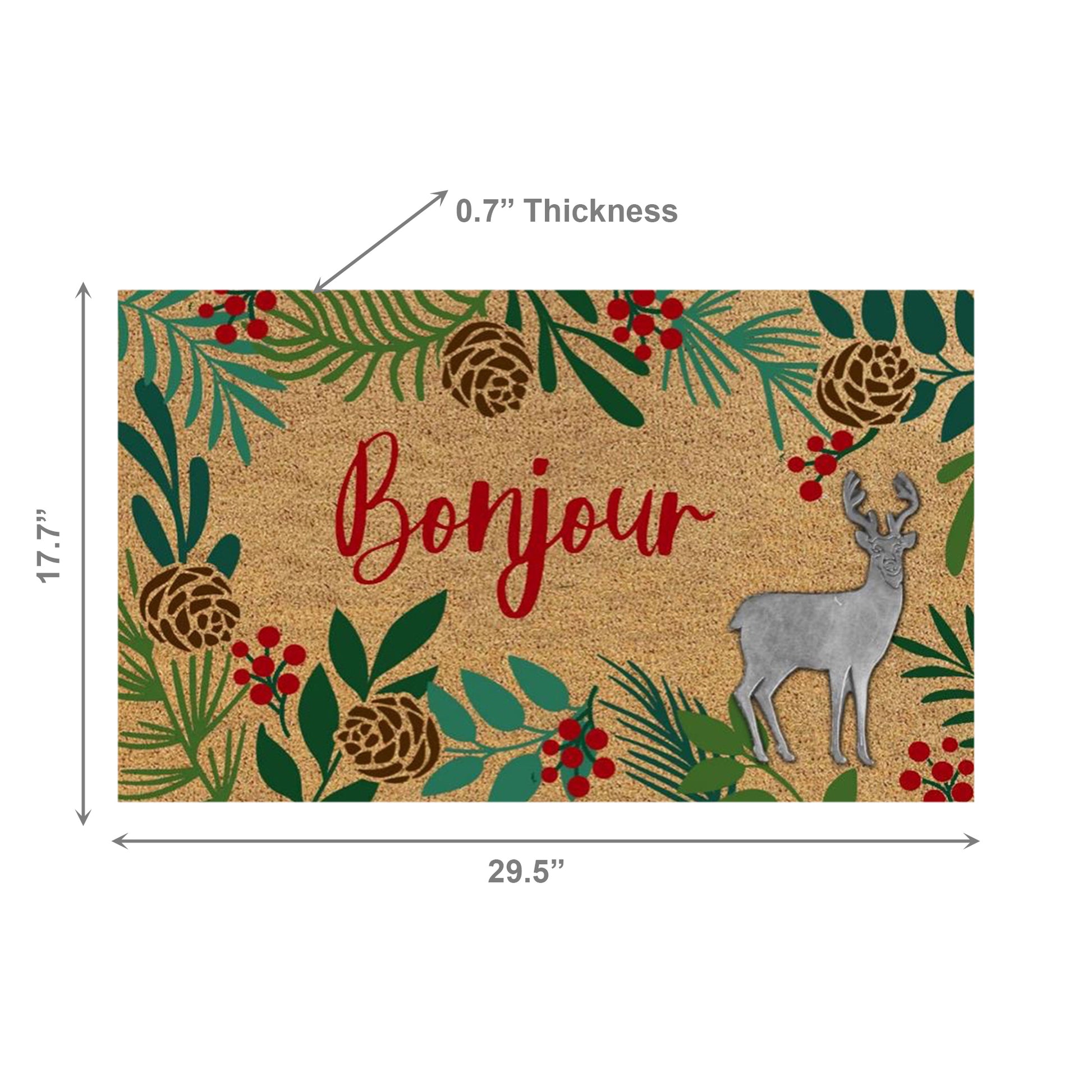 Coir Mat with Rubber Accent Bonjour with Reindeer Accent, Christmas, Door Mat, Holiday Decor