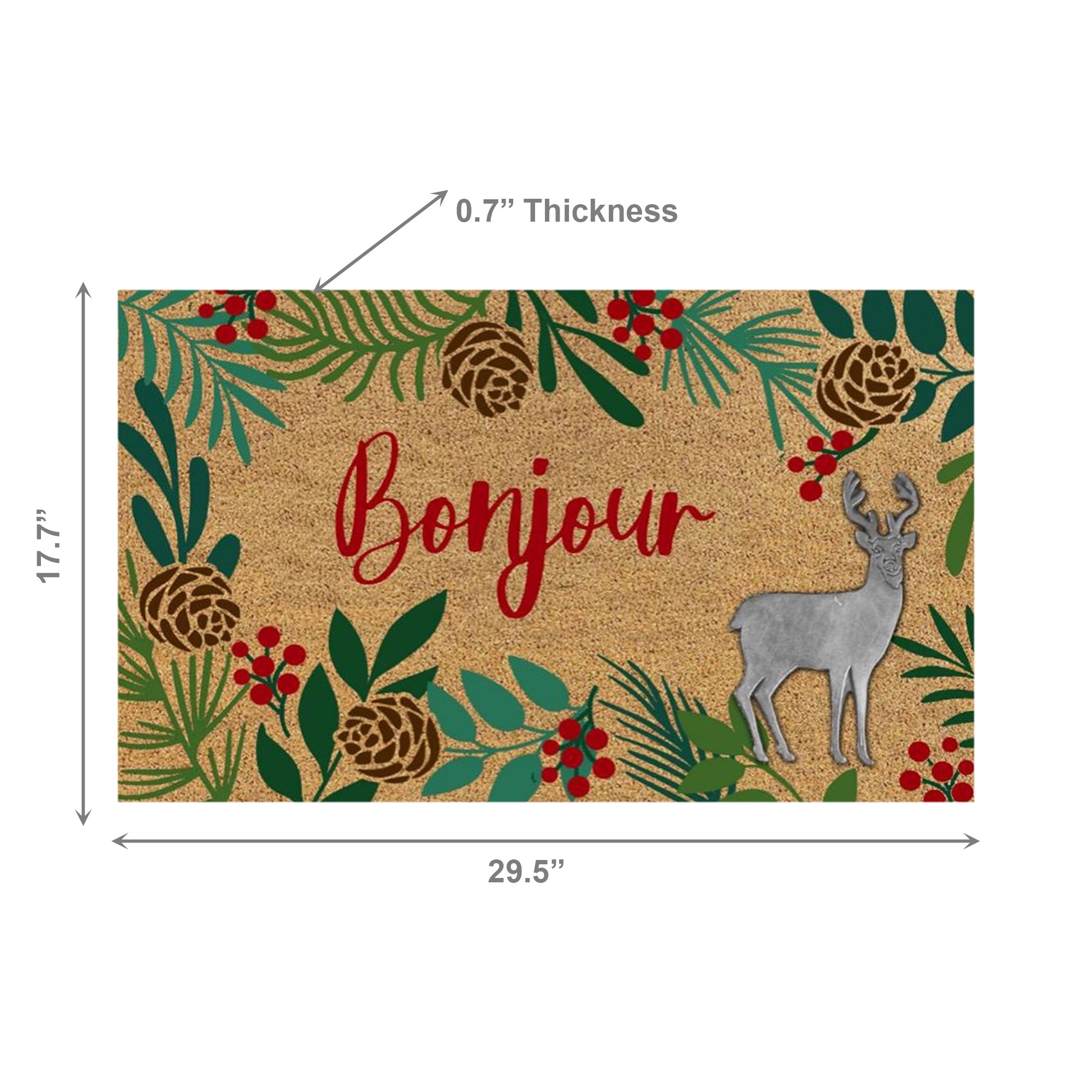 Coir Mat with Rubber Accent Bonjour with Reindeer Accent, Christmas, Door Mat, Holiday Decor