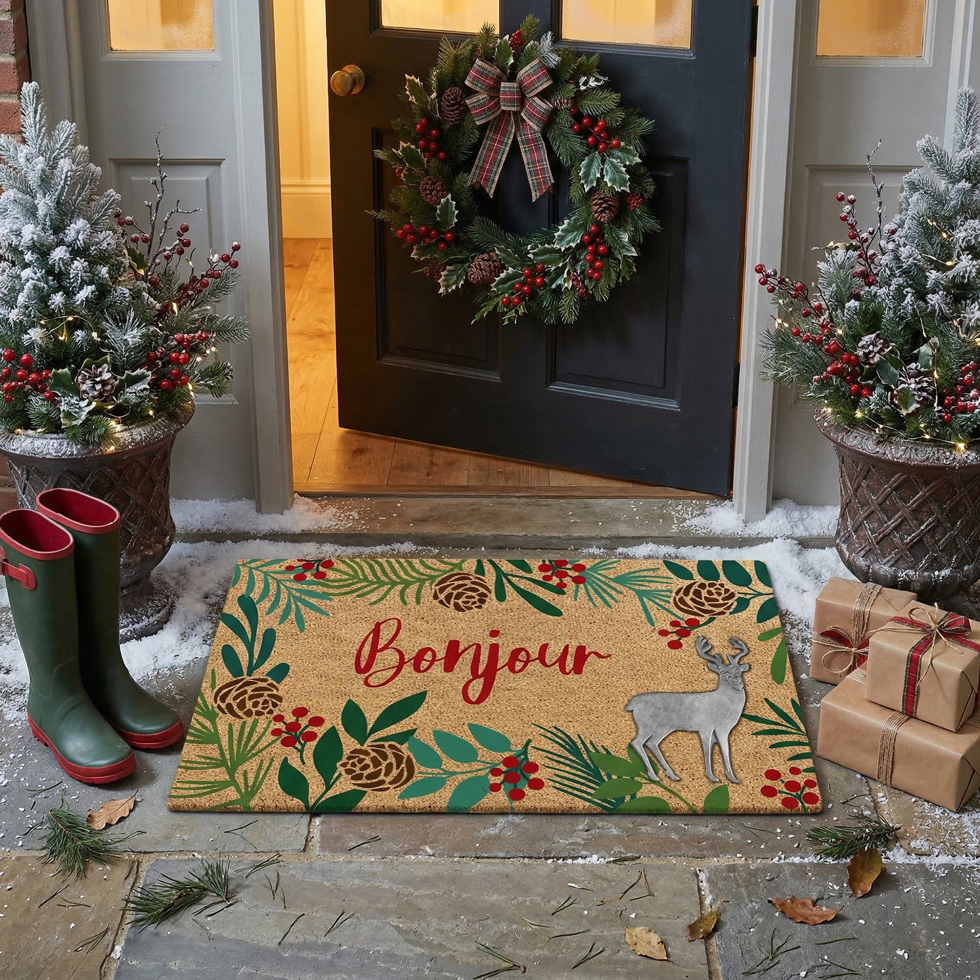 Coir Mat with Rubber Accent Bonjour with Reindeer Accent, Christmas, Door Mat, Holiday Decor