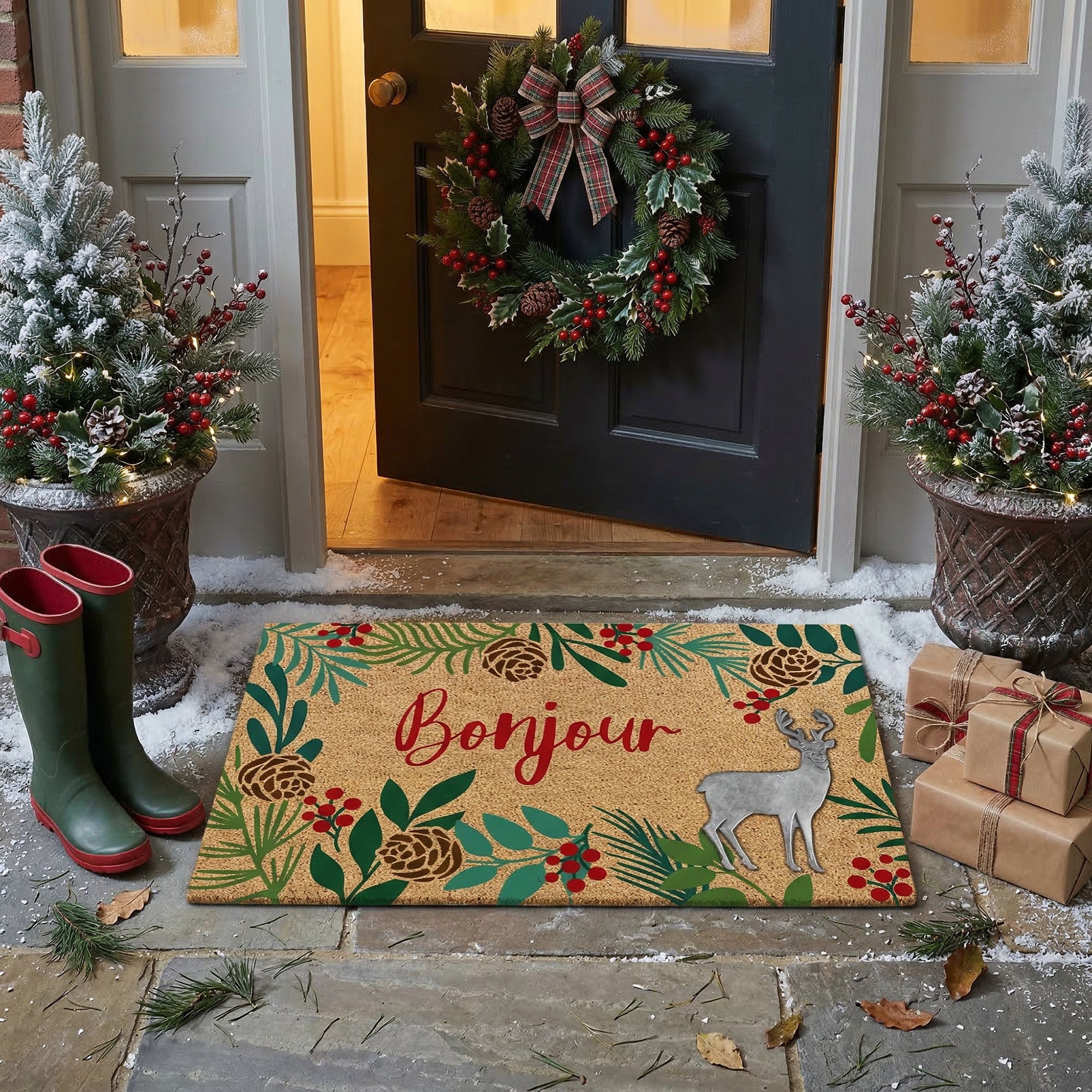 Coir Mat with Rubber Accent Bonjour with Reindeer Accent, Christmas, Door Mat, Holiday Decor