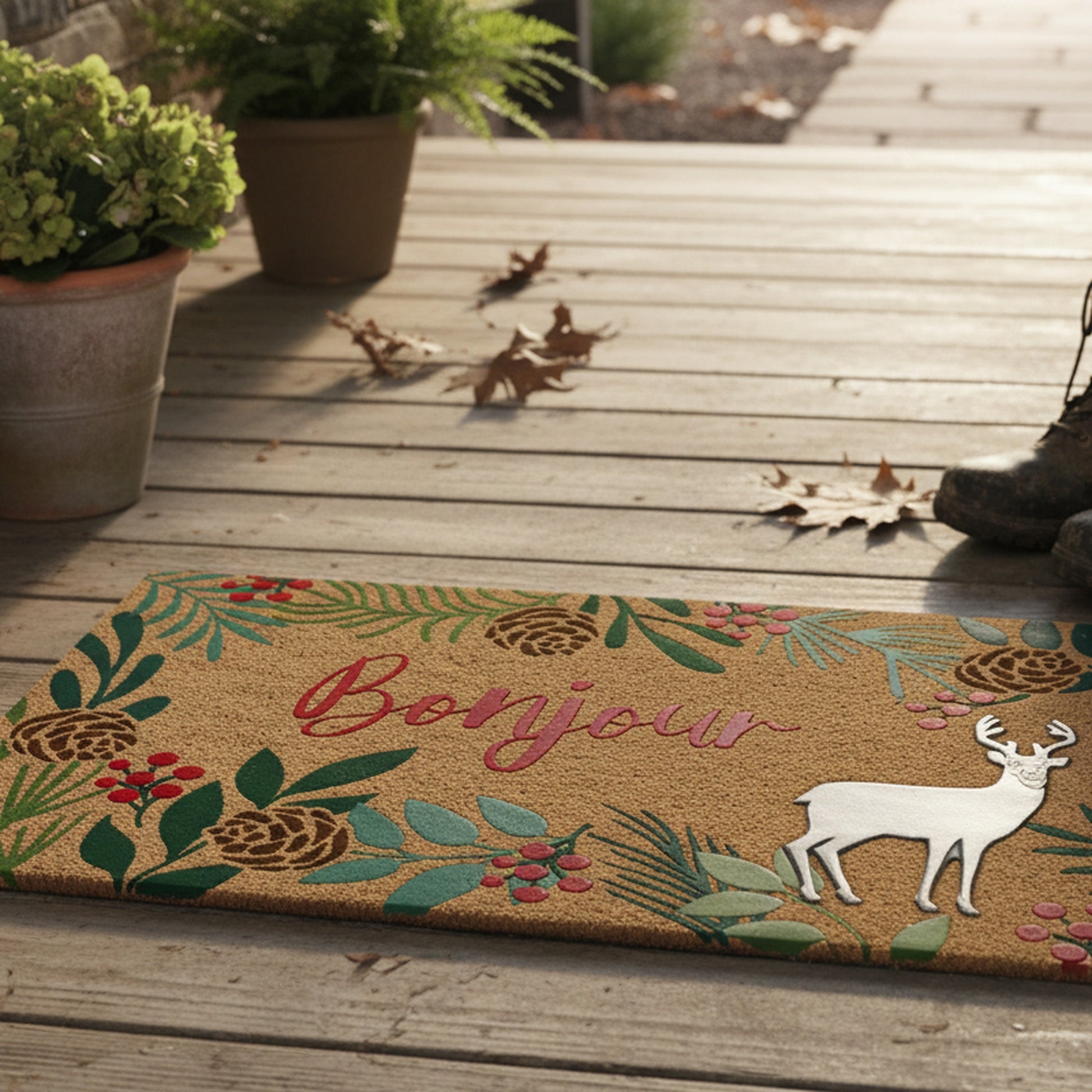 Coir Mat with Rubber Accent Bonjour with Reindeer Accent, Christmas, Door Mat, Holiday Decor