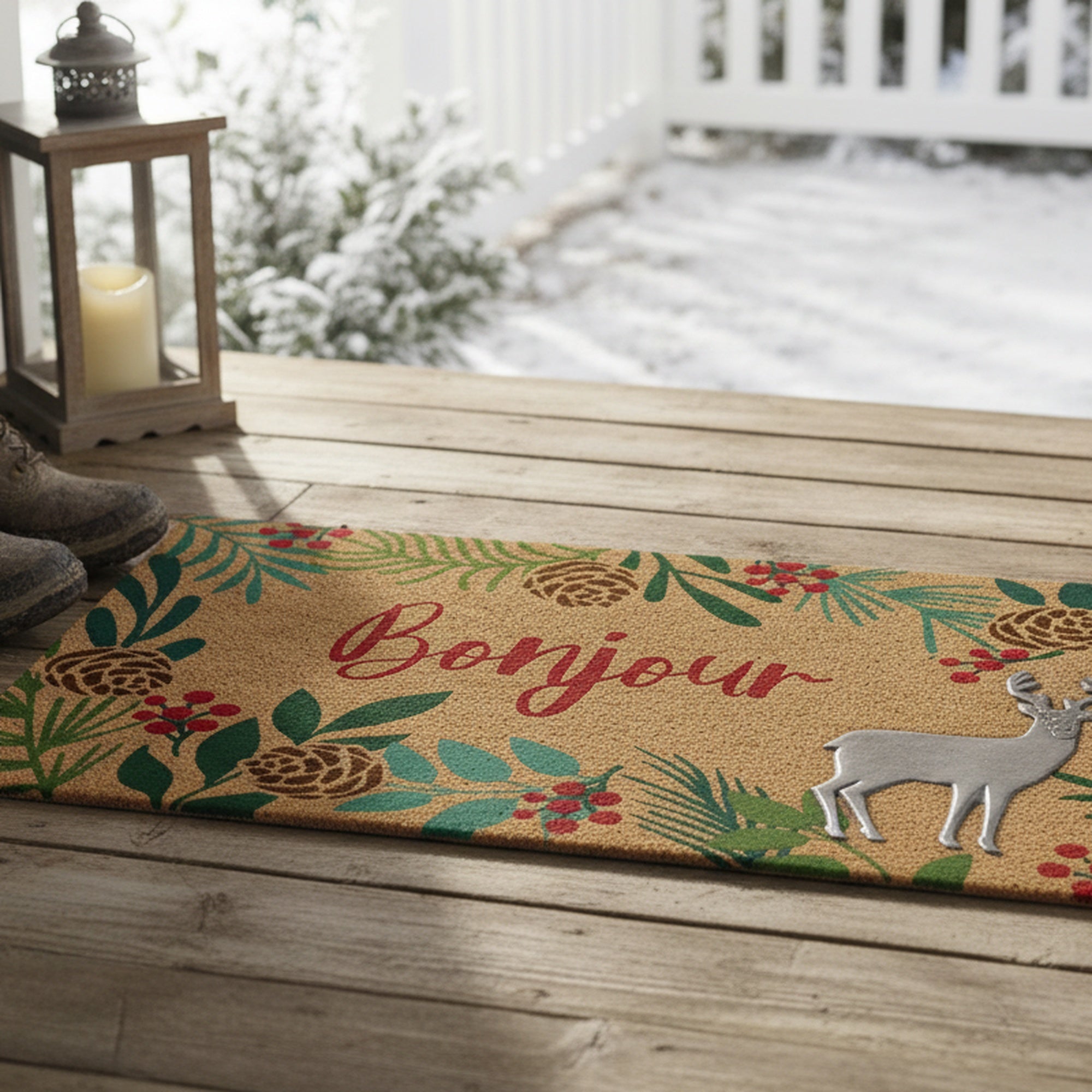 Coir Mat with Rubber Accent Bonjour with Reindeer Accent, Christmas, Door Mat, Holiday Decor