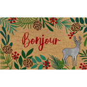 Coir Mat with Rubber Accent Bonjour with Reindeer Accent, Christmas, Door Mat, Holiday Decor