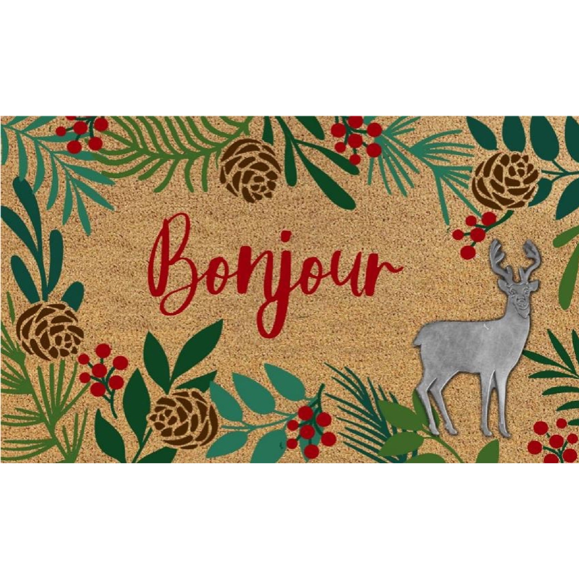 Coir Mat with Rubber Accent Bonjour with Reindeer Accent, Christmas, Door Mat, Holiday Decor