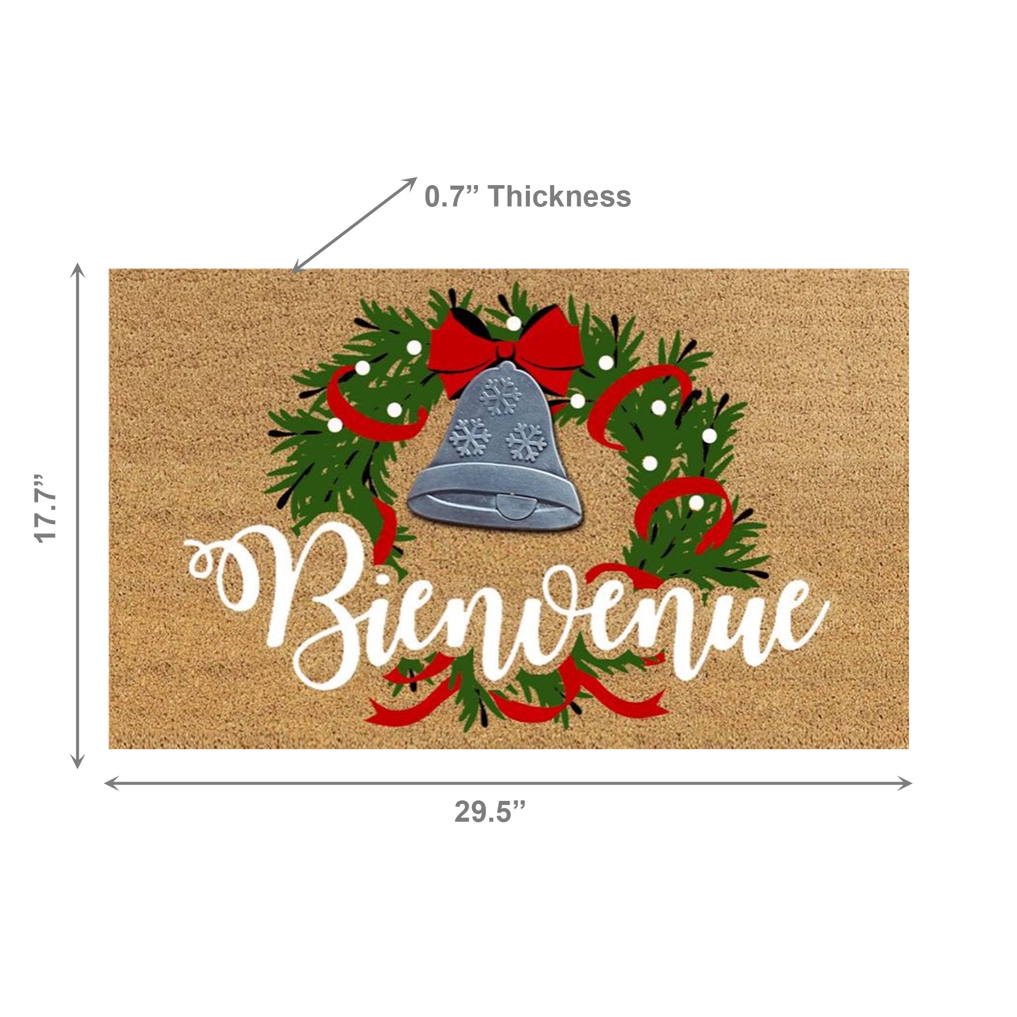 Coir Mat with Rubber Accent Bienvenue with Bell Accent, Door Mat, Holiday Decor