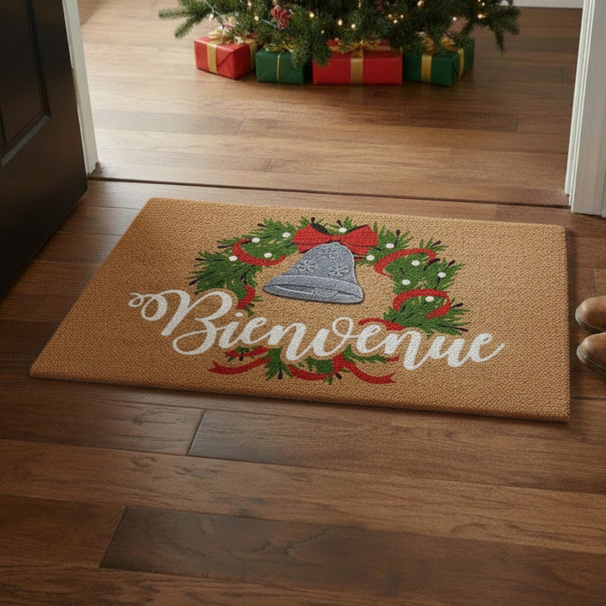 Coir Mat with Rubber Accent Bienvenue with Bell Accent, Door Mat, Holiday Decor