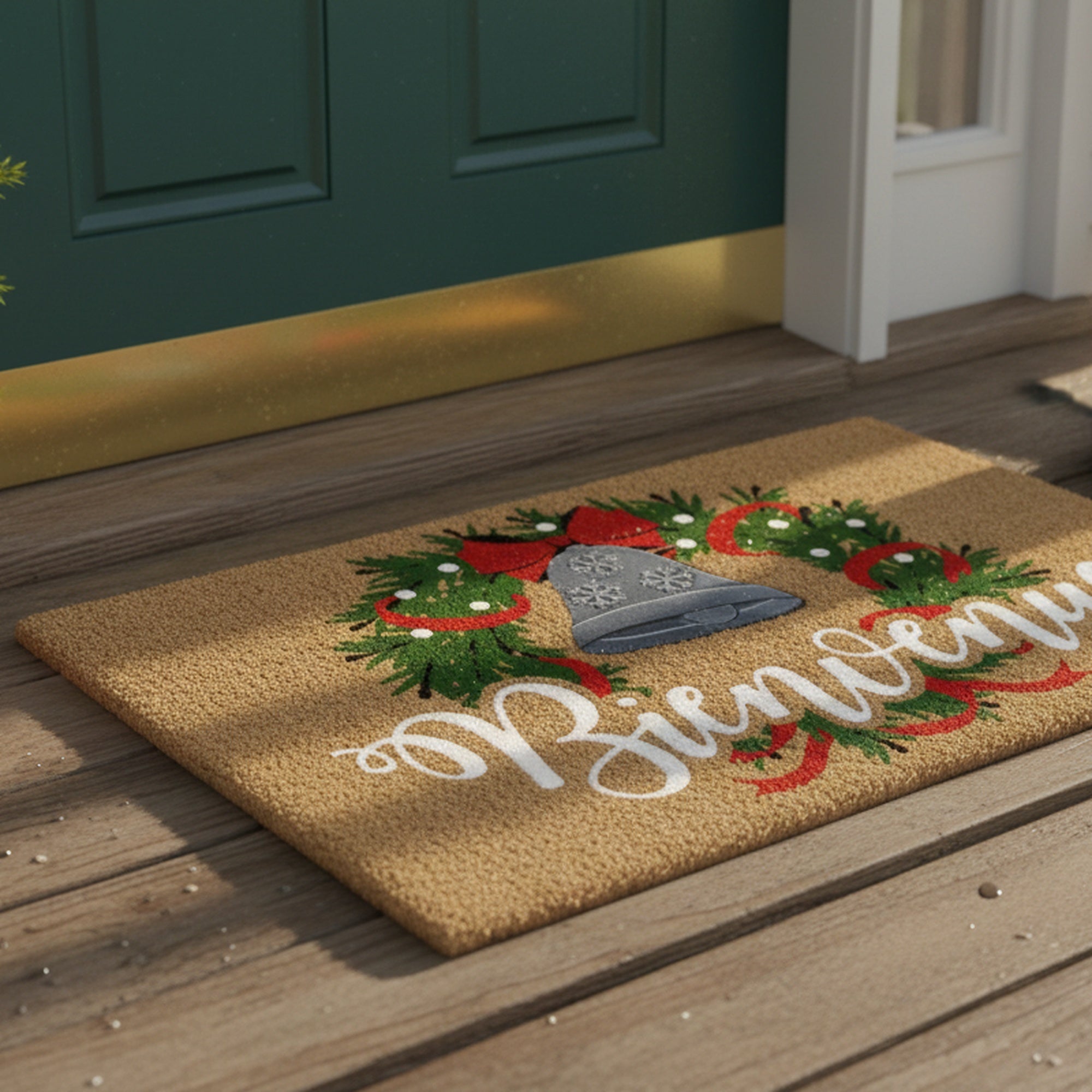 Coir Mat with Rubber Accent Bienvenue with Bell Accent, Door Mat, Holiday Decor