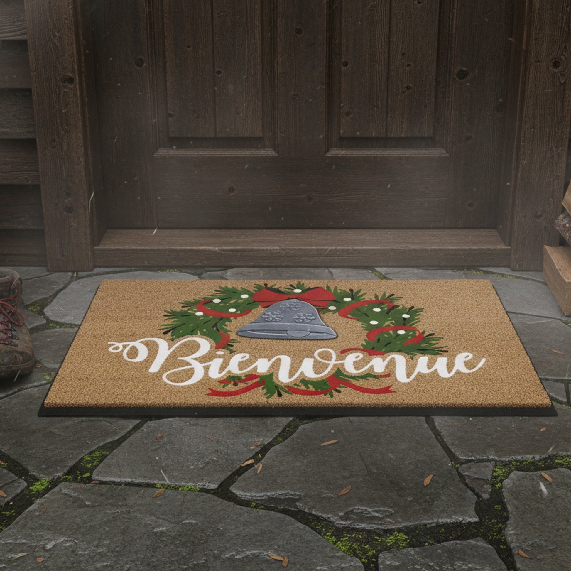 Coir Mat with Rubber Accent Bienvenue with Bell Accent, Door Mat, Holiday Decor