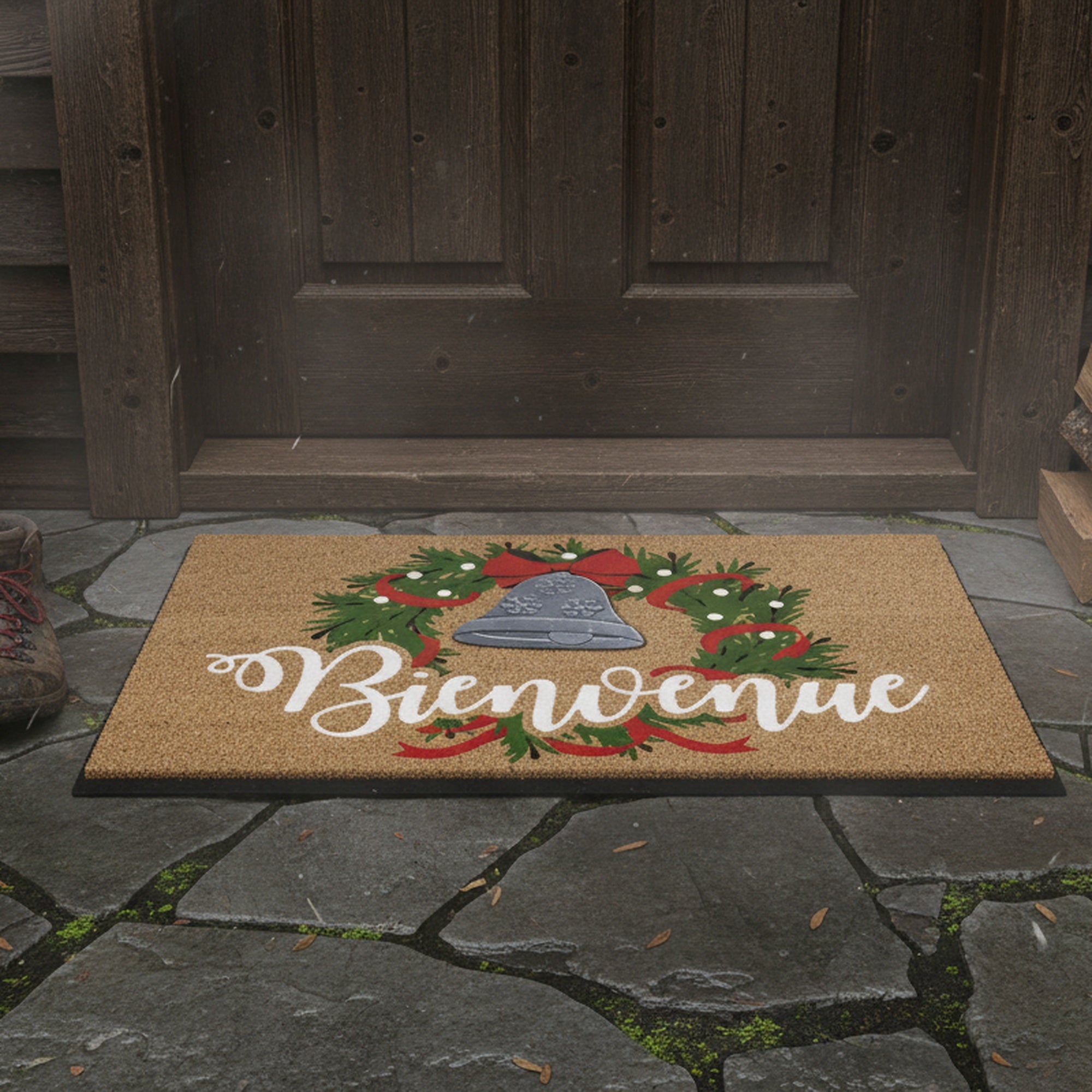 Coir Mat with Rubber Accent Bienvenue with Bell Accent, Door Mat, Holiday Decor