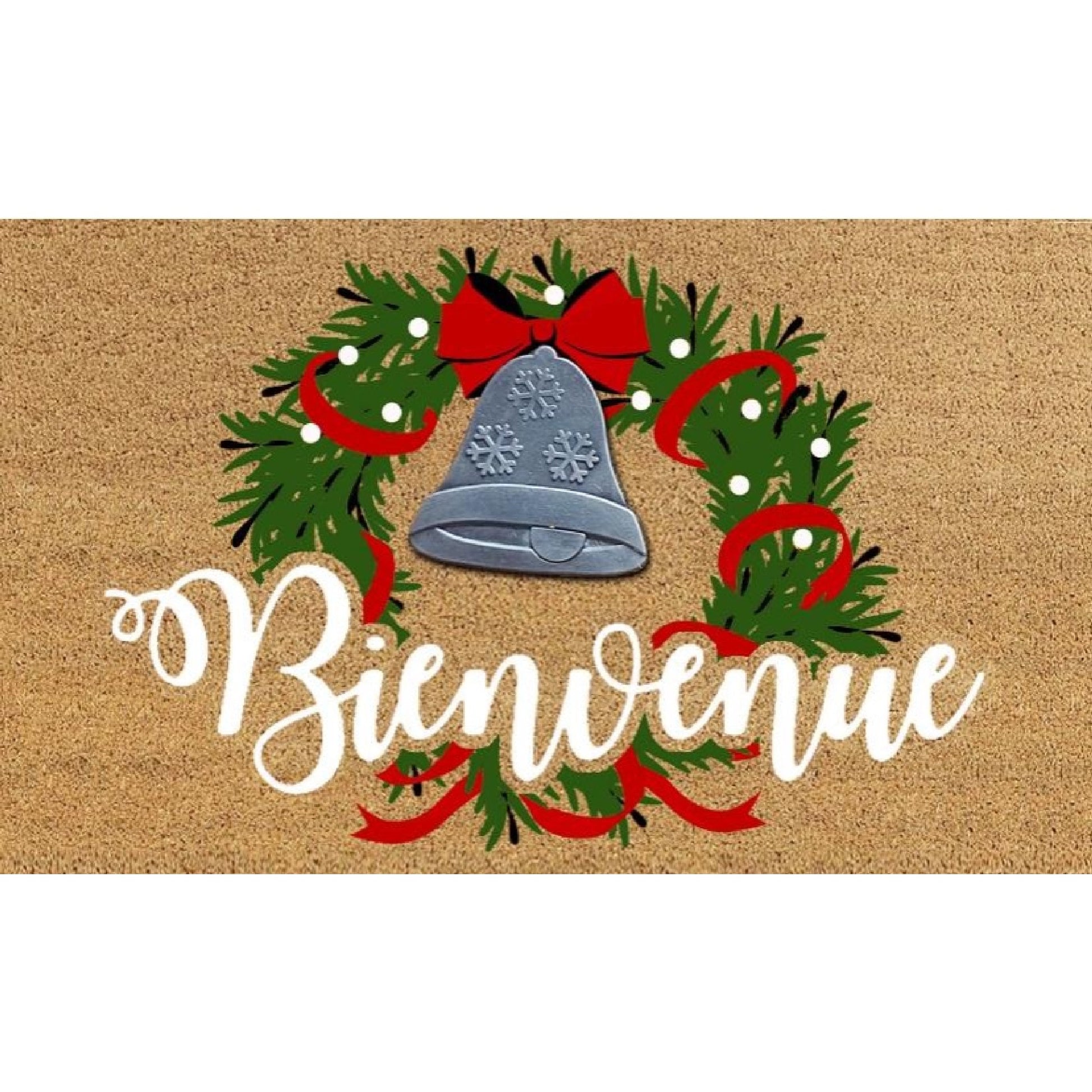 Coir Mat with Rubber Accent Bienvenue with Bell Accent, Door Mat, Holiday Decor