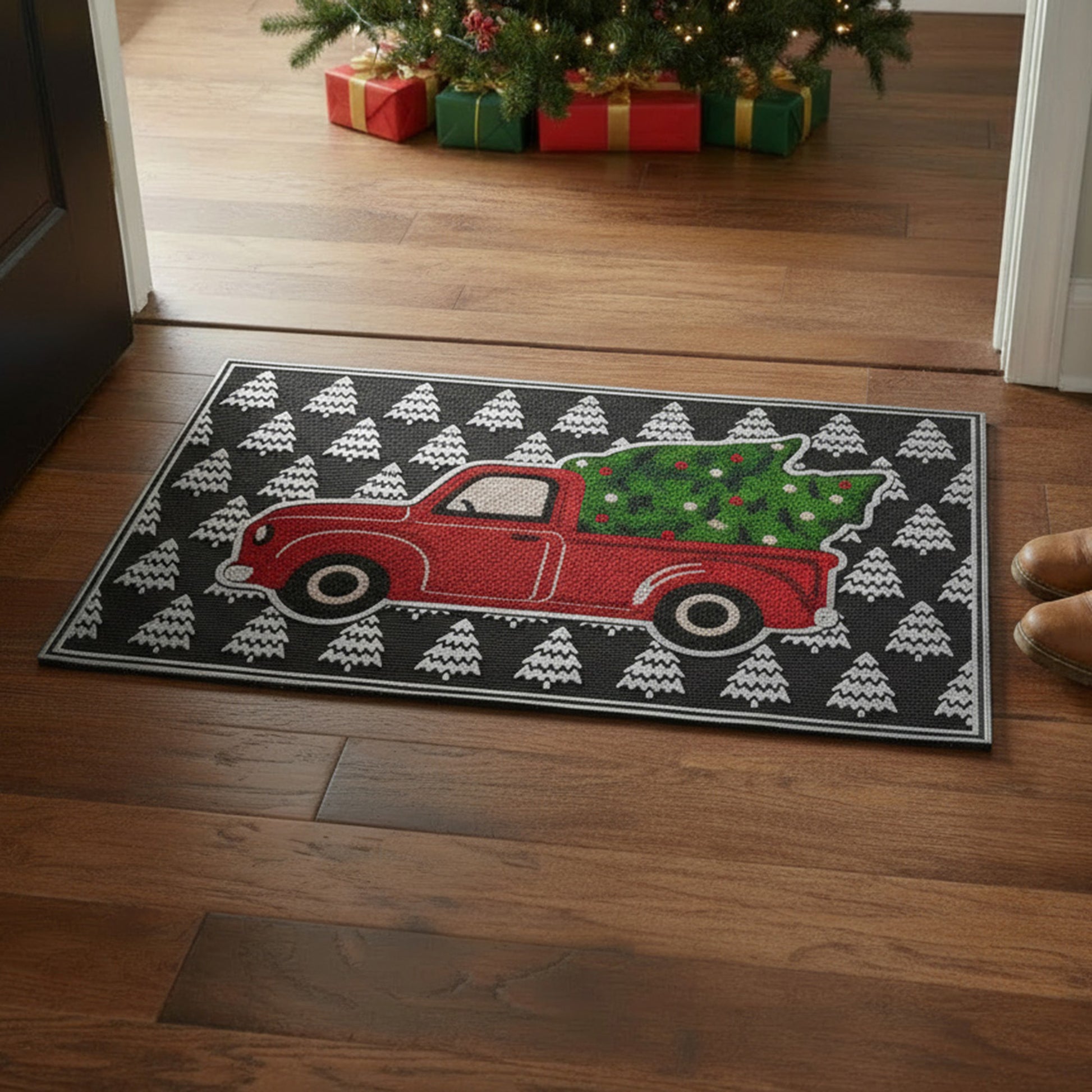 Rubber Mat with Coir Accent Red Truck with Tree, Door Mat, Holiday Decor