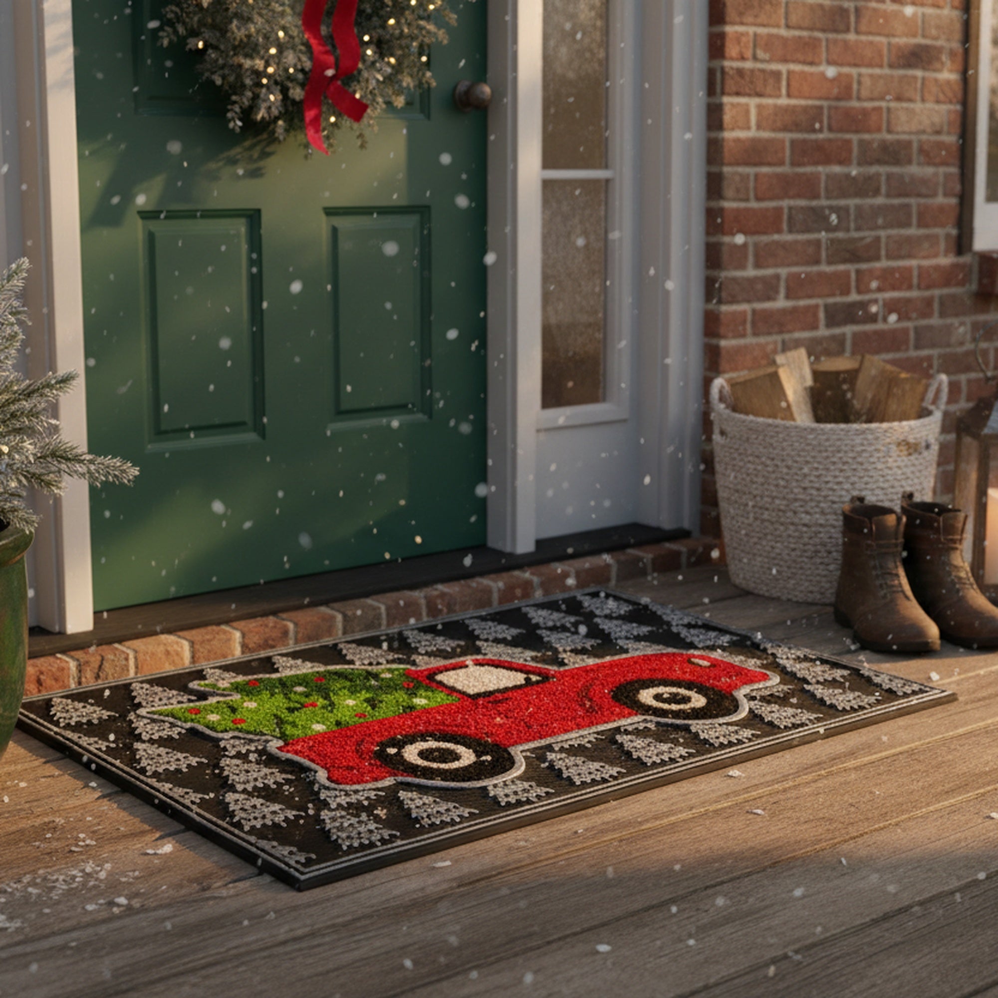 Rubber Mat with Coir Accent Red Truck with Tree, Door Mat, Holiday Decor