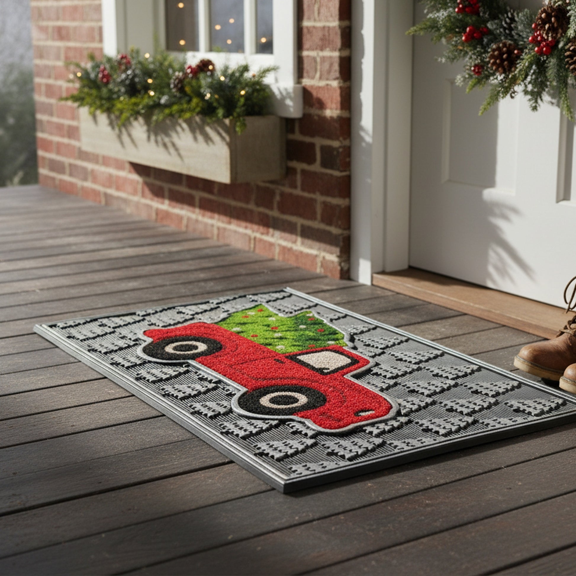 Rubber Mat with Coir Accent Red Truck with Tree, Door Mat, Holiday Decor