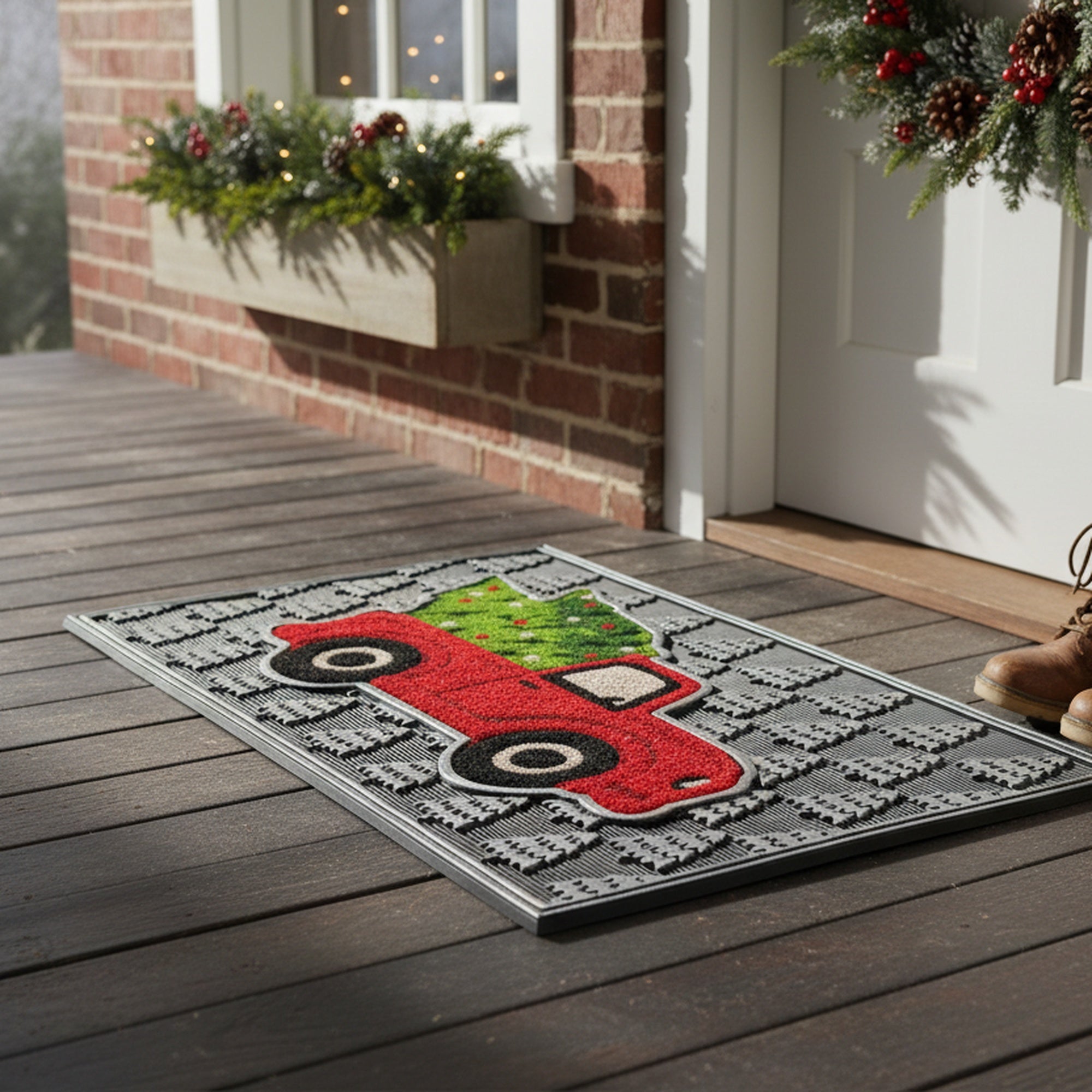 Rubber Mat with Coir Accent Red Truck with Tree, Door Mat, Holiday Decor
