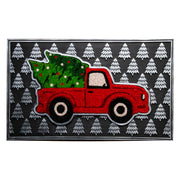 Rubber Mat with Coir Accent Red Truck with Tree, Door Mat, Holiday Decor