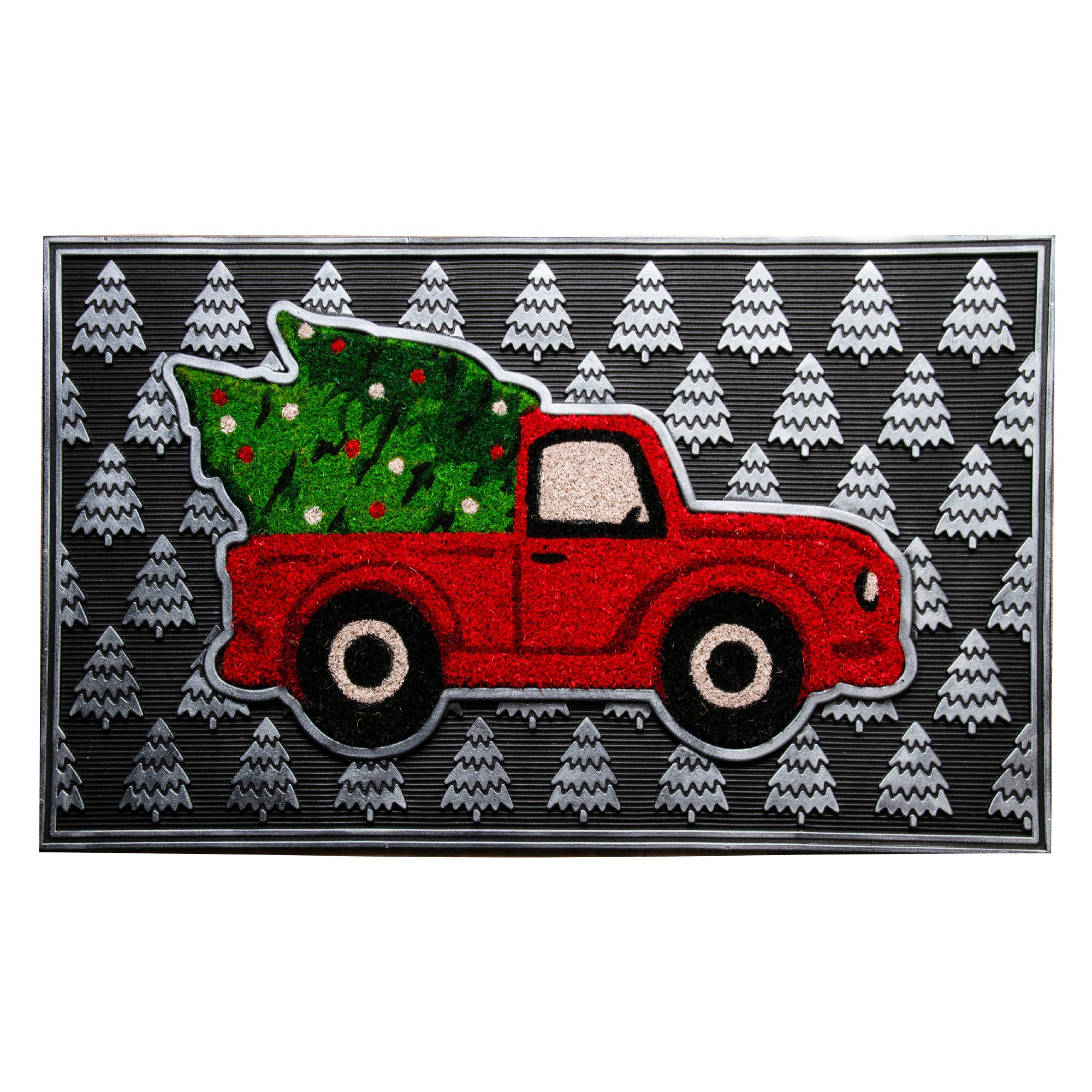 Rubber Mat with Coir Accent Red Truck with Tree, Door Mat, Holiday Decor