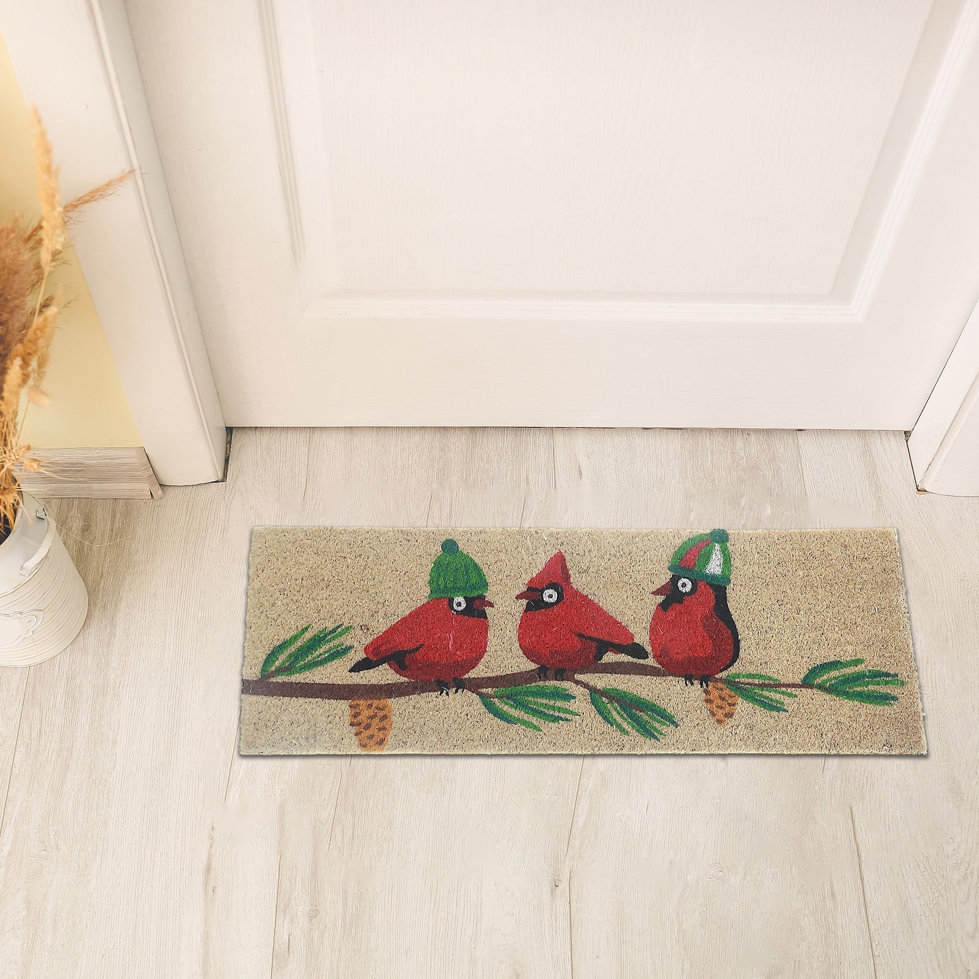 Cardinal Branch Coir Door Mat, Natural Coir Entry Mat, Christmas Outdoor Door Mat 10"X30"