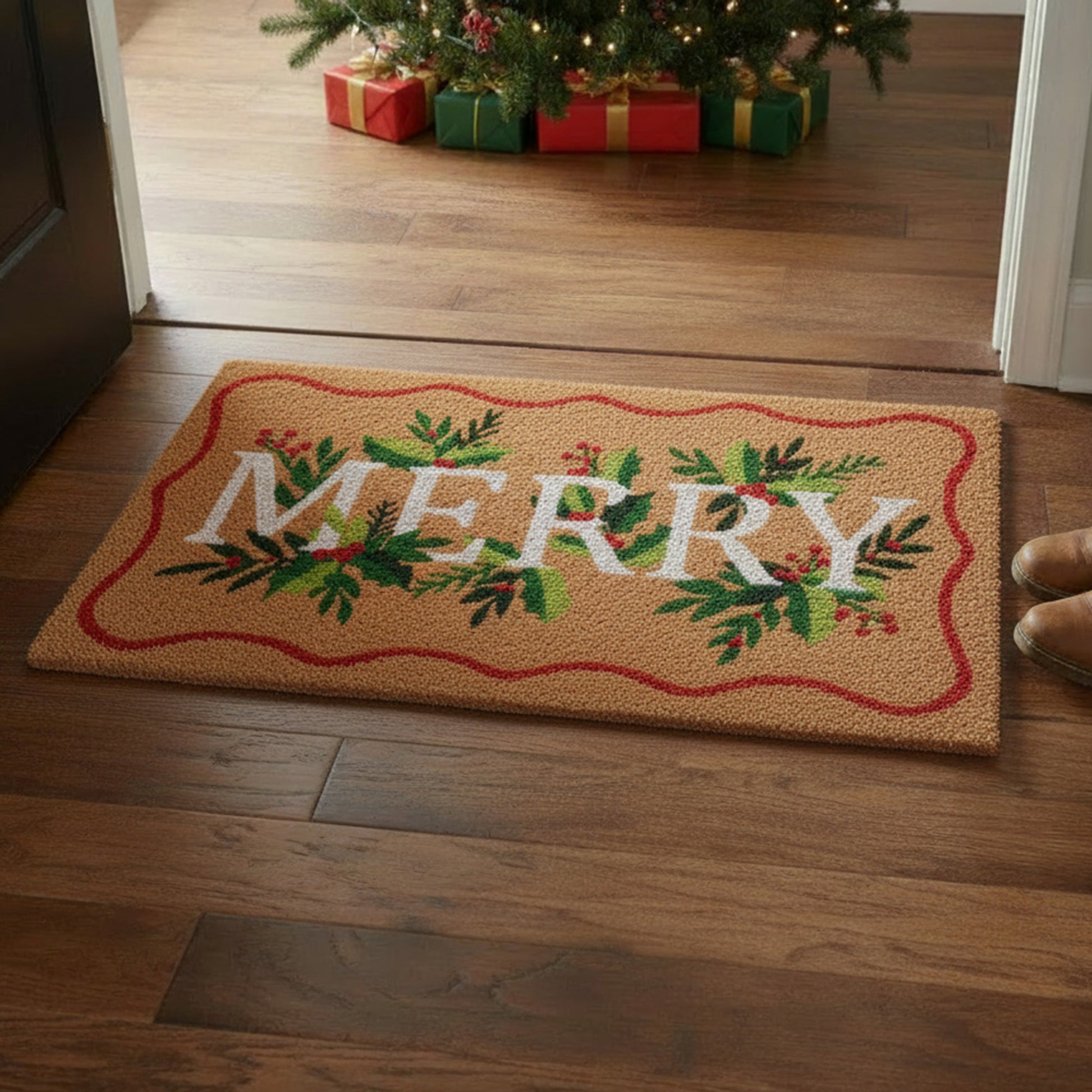 Scallop Shape Coir Door Mat Merry, Christmas, Door Mat, Holiday Decor