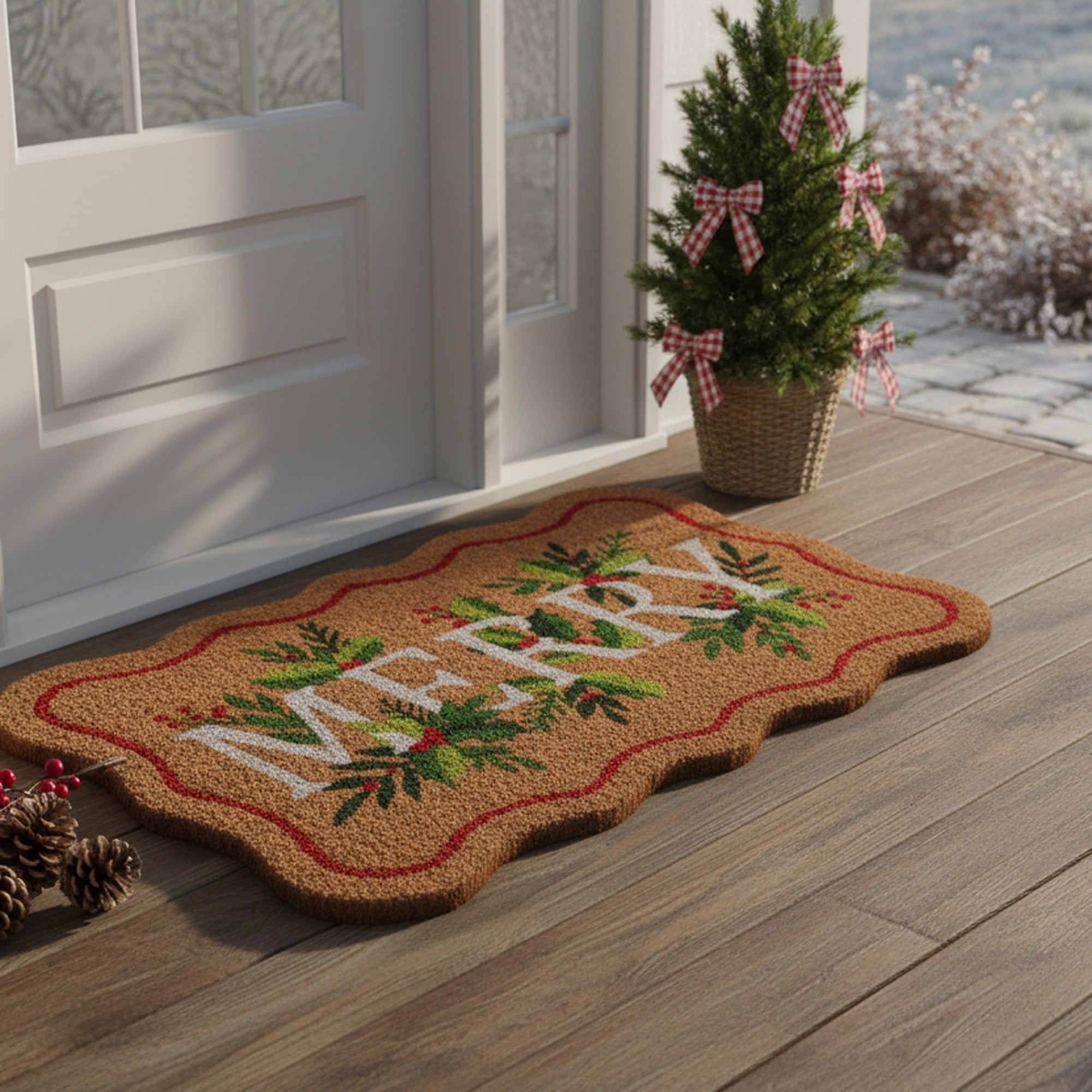 Scallop Shape Coir Door Mat Merry, Christmas, Door Mat, Holiday Decor