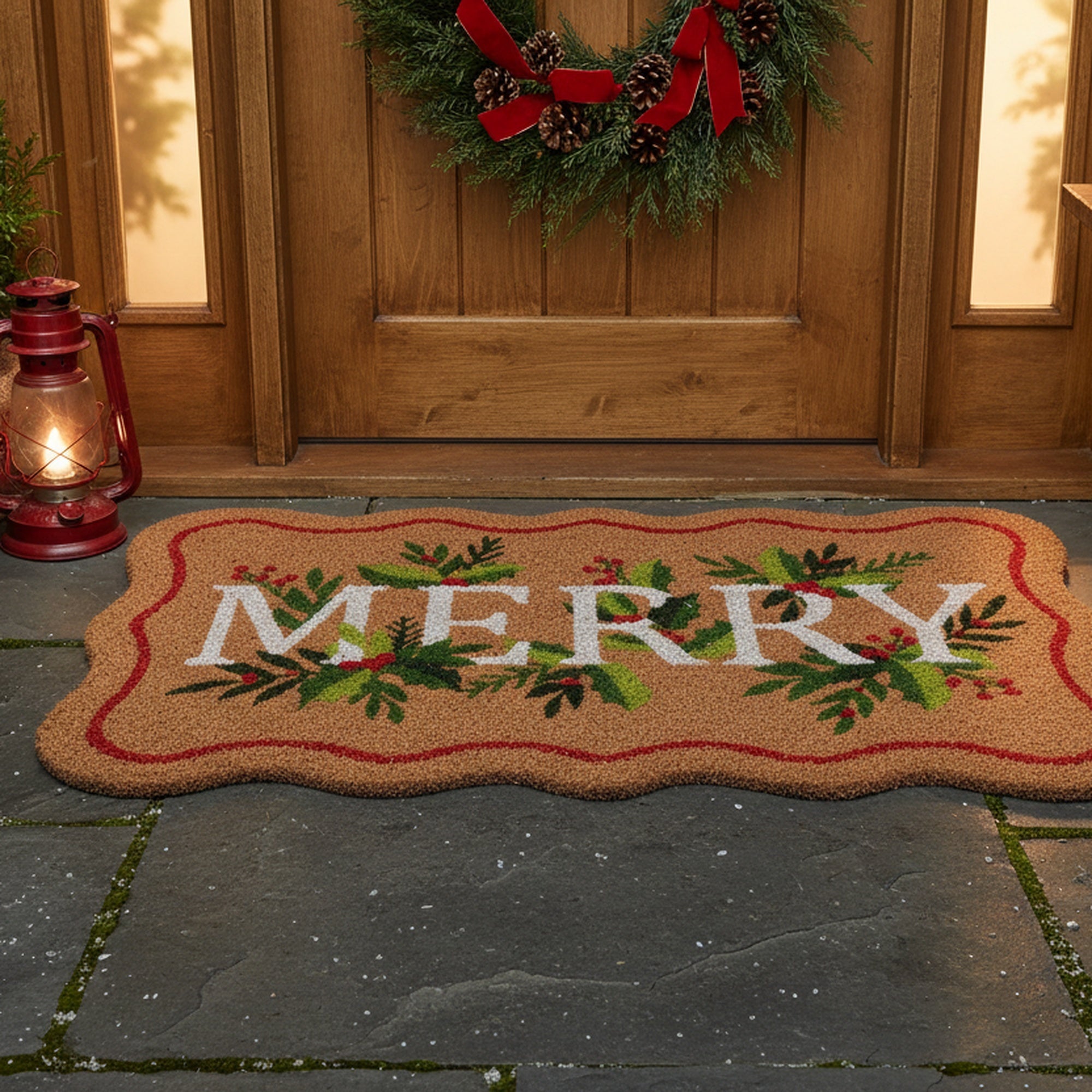 Scallop Shape Coir Door Mat Merry, Christmas, Door Mat, Holiday Decor