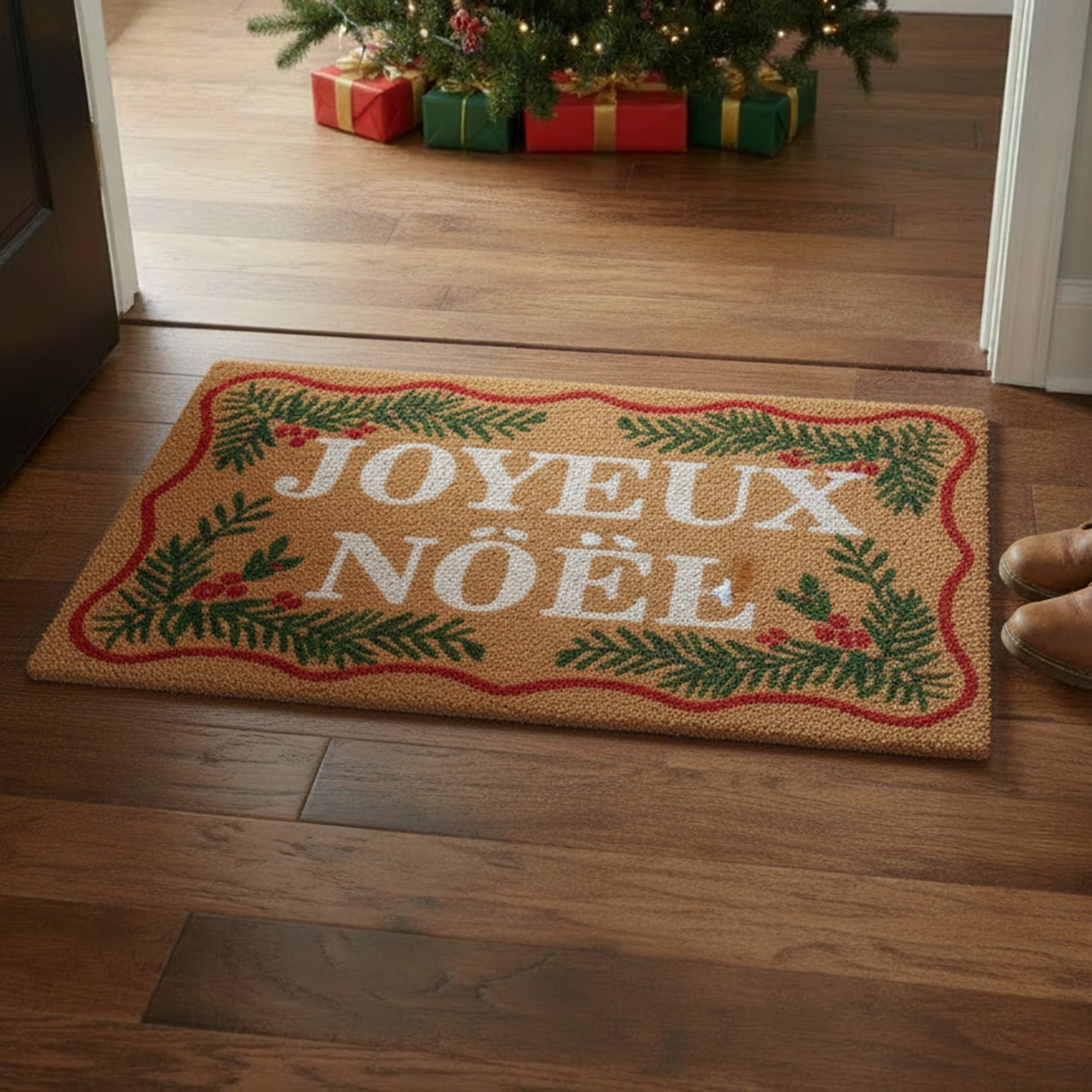 Scallop Shape Coir Door Mat Joyeux Noel, Christmas, Door Mat, Holiday Decor