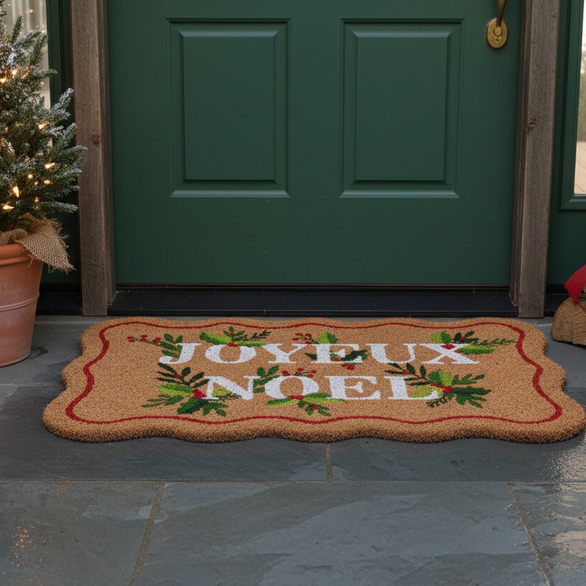 Scallop Shape Coir Door Mat Joyeux Noel, Christmas, Door Mat, Holiday Decor