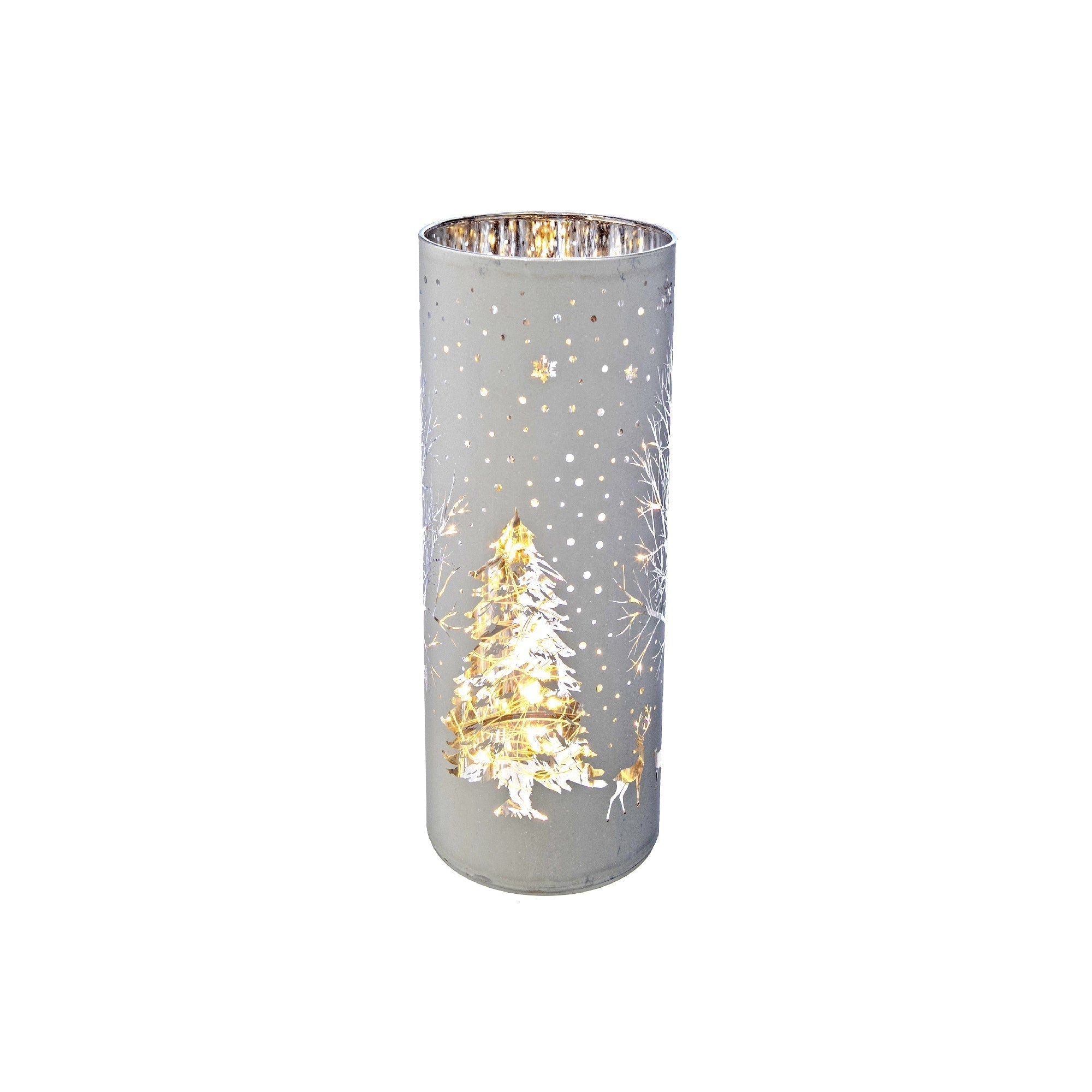 LED Cylinder Glass Stand Tree Design White Decorative Candle Holder - Set of 2