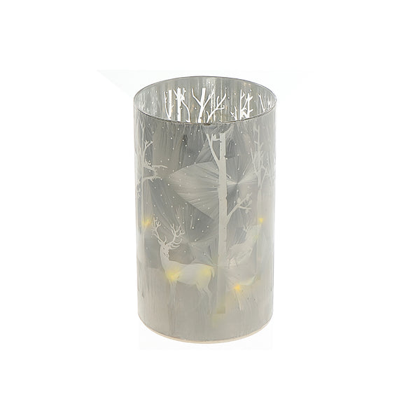 Led Cylinder Glass Stand (Deer In Winter Forest) (Gray) - Set of 2