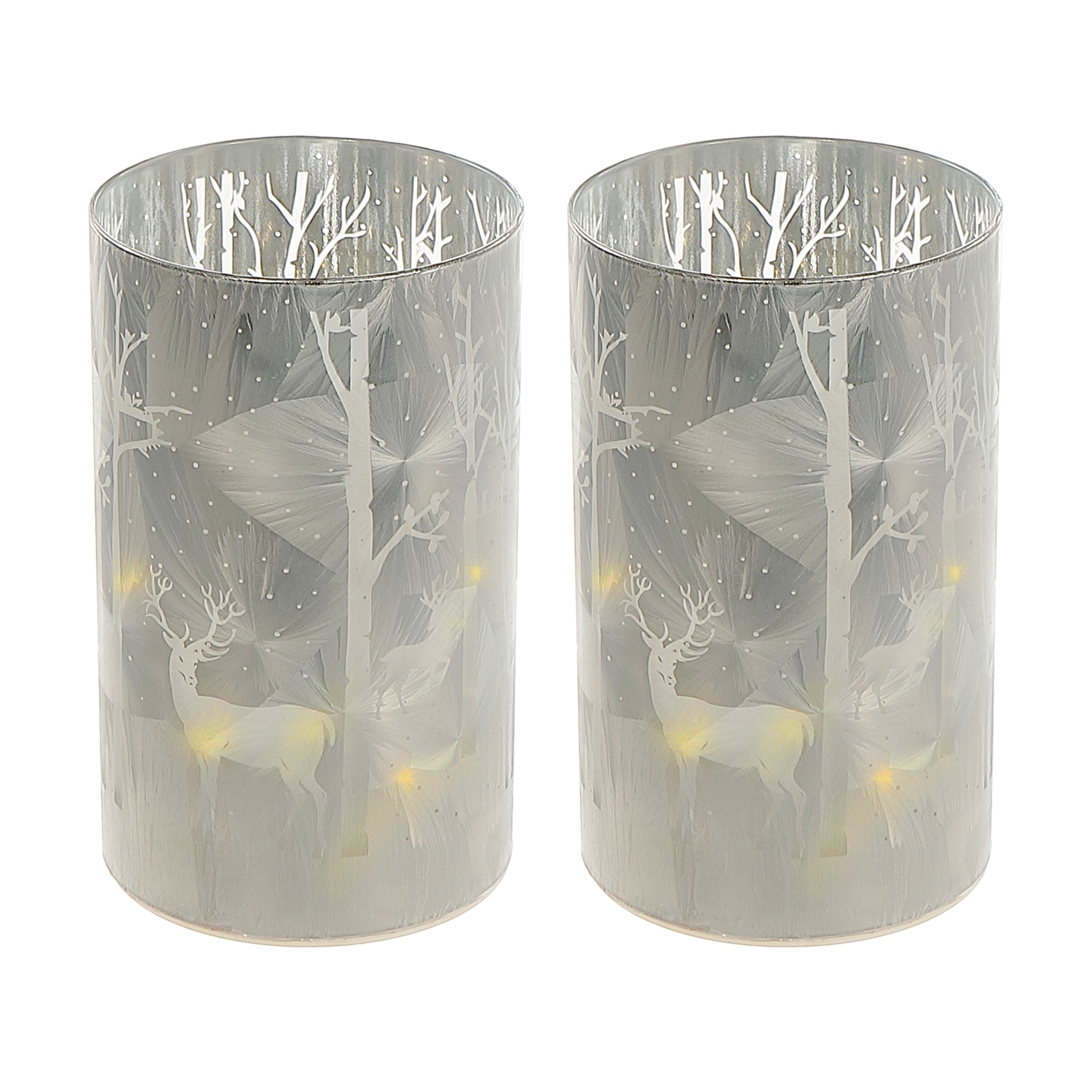 LED Cylinder Glass Stand Deer in Winter Forest Gray Set of 2 – Christmas Table Decor, Holiday Centerpiece, Festive Winter Display