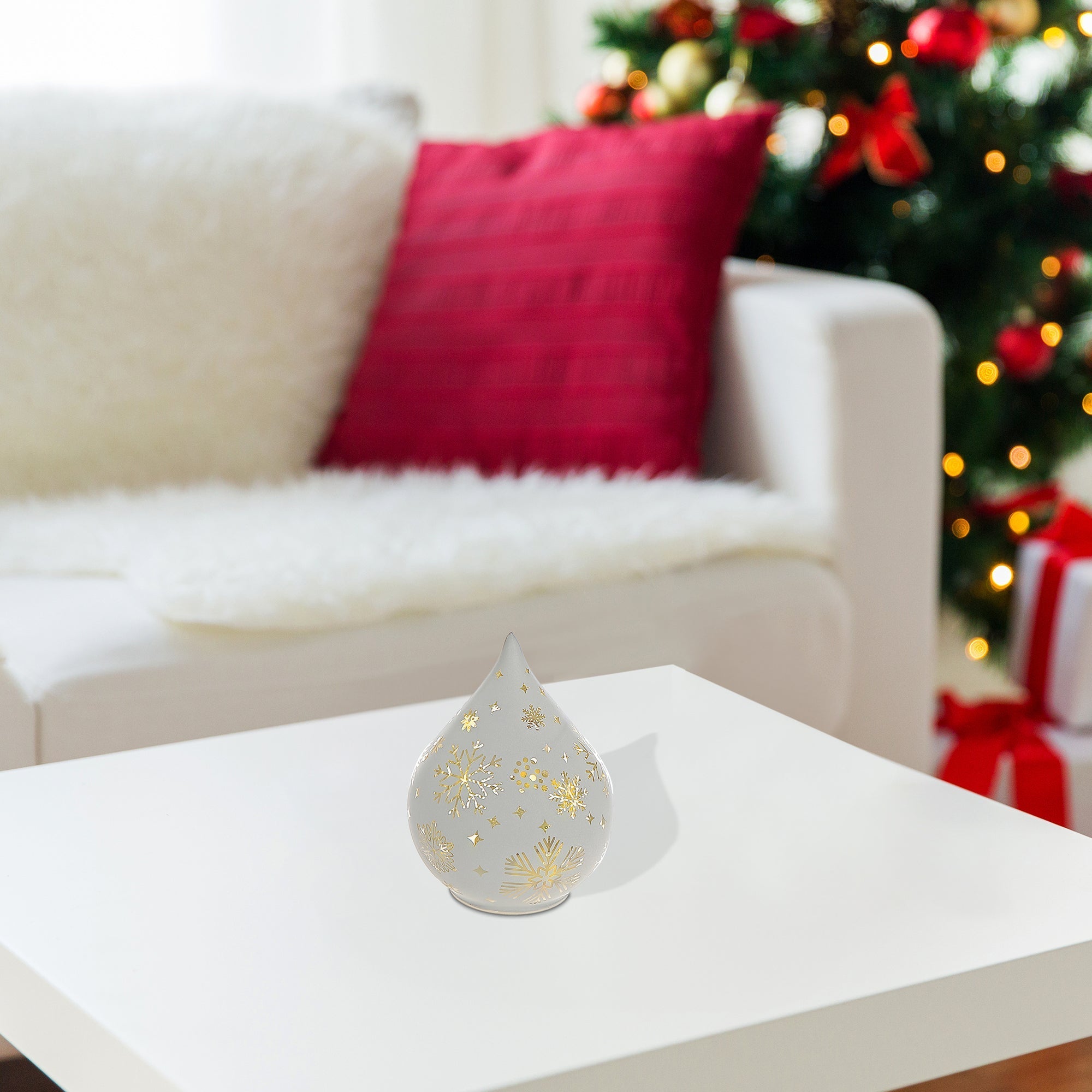 LED Teardrop Glass Stand Snowflakes White Set of 2 – Christmas Table Decor, Winter Holiday Centerpiece, Festive Home Accent