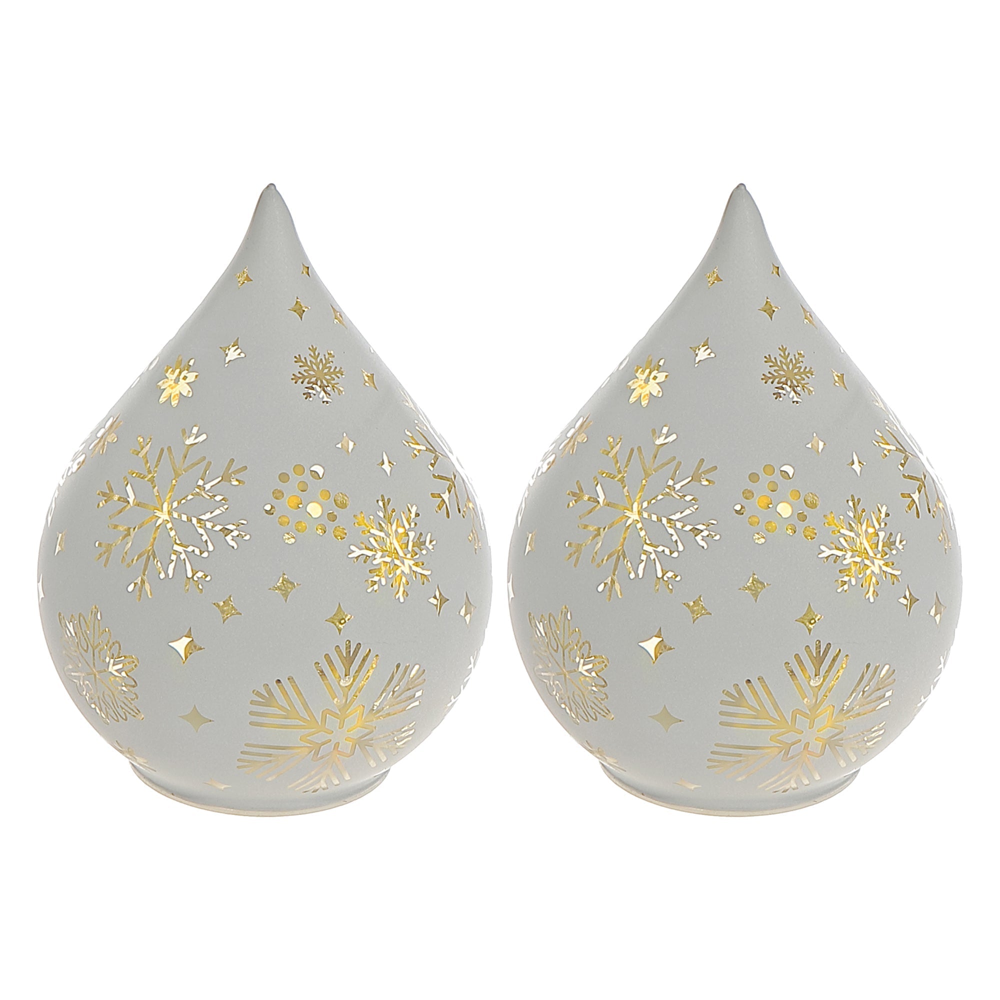 LED Teardrop Glass Stand Snowflakes White Set of 2 – Christmas Table Decor, Winter Holiday Centerpiece, Festive Home Accent