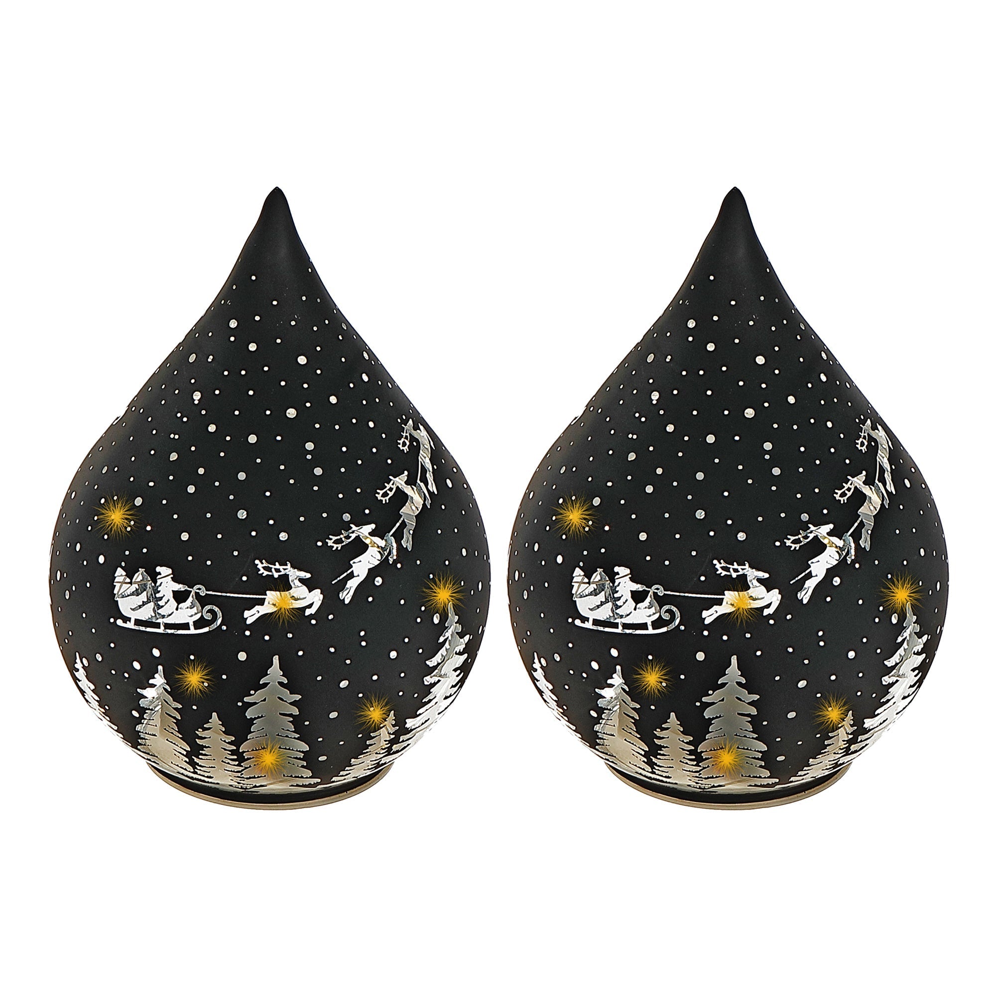 LED Teardrop Glass Stand Santa on Sleigh Black Set of 2 – Christmas Table Decor, Holiday Centerpiece, Festive Winter Display