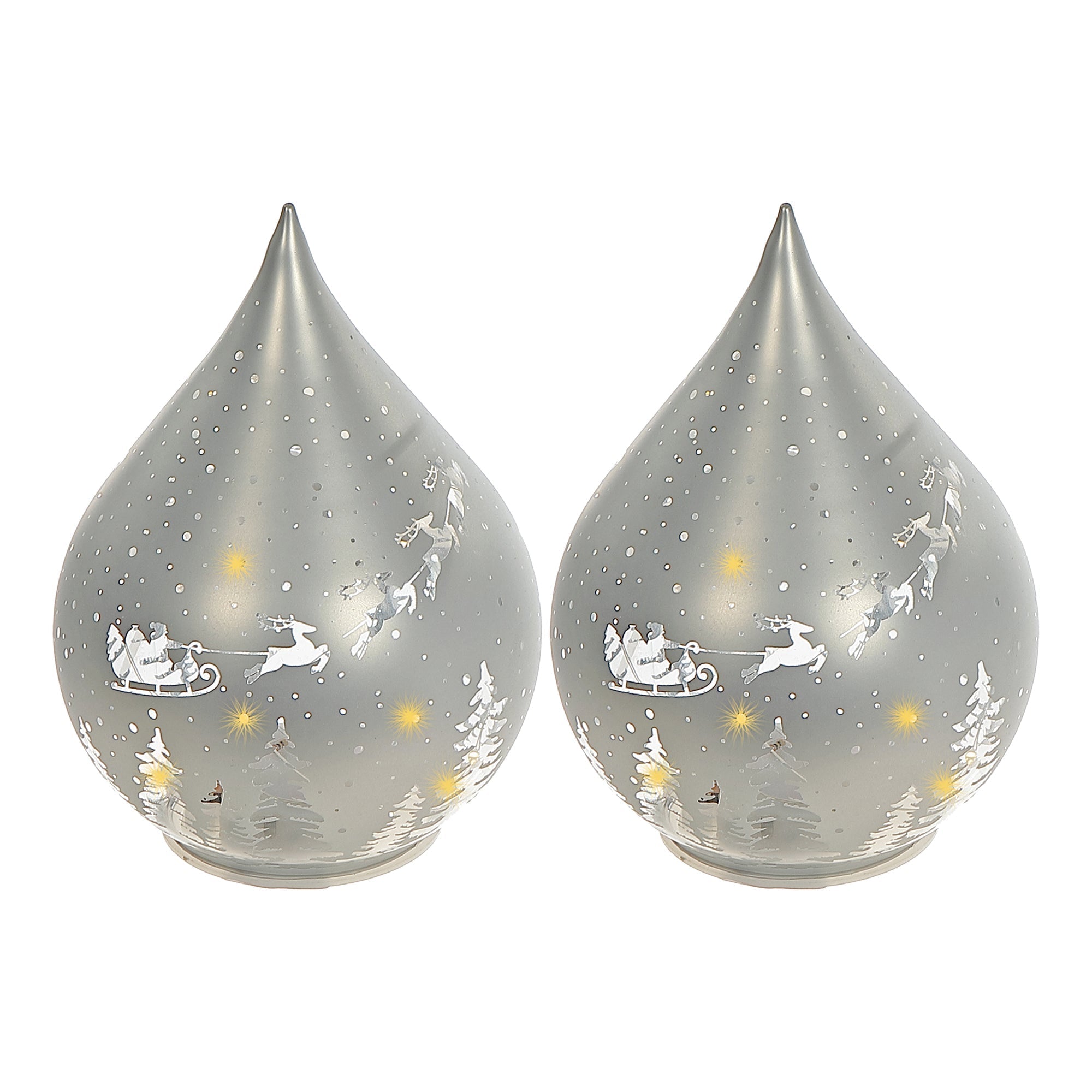 LED Teardrop Glass Stand Santa on Sleigh Silver Set of 2 – Christmas Table Decor, Holiday Centerpiece, Festive Winter Display