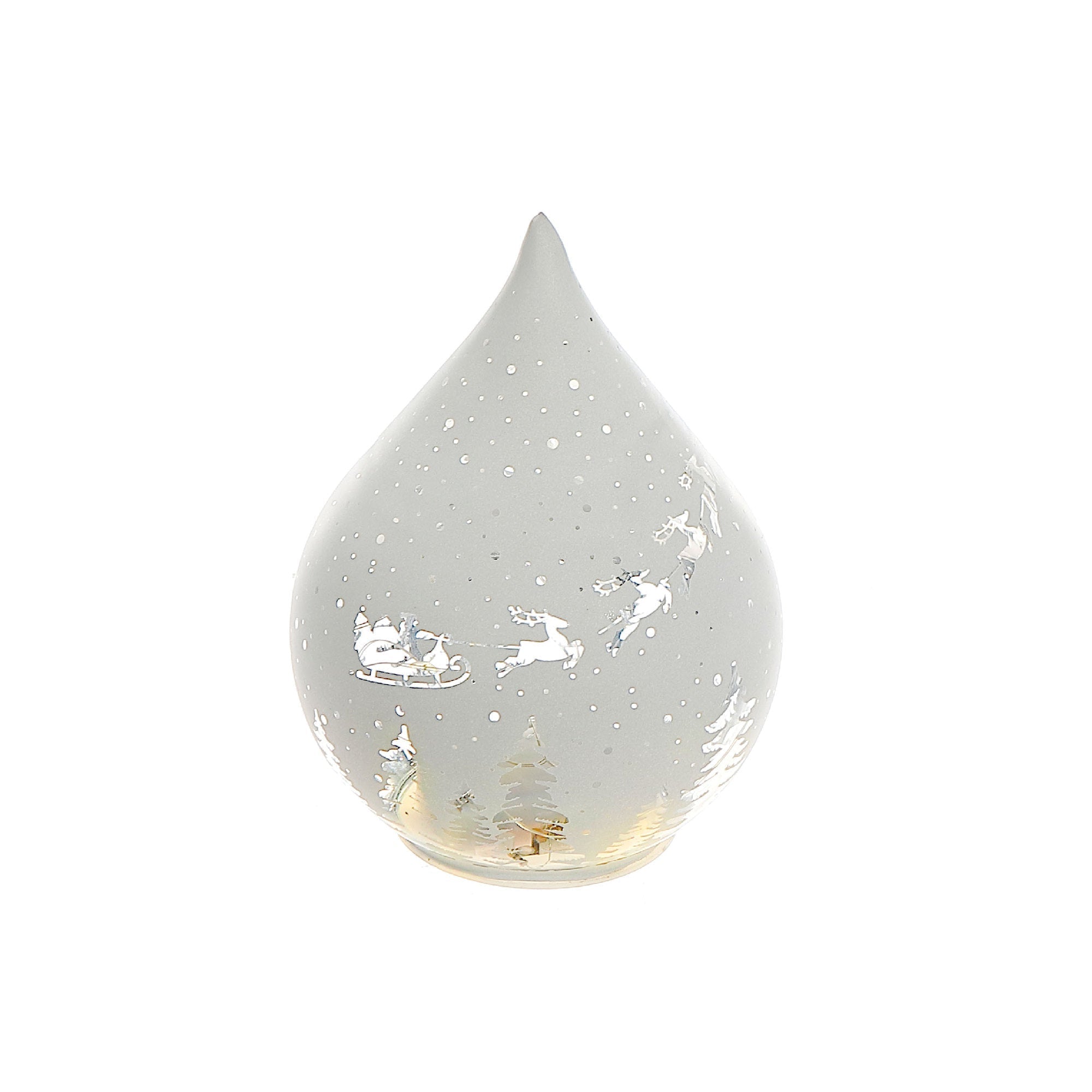 LED Teardrop Glass Stand Santa on Sleigh White Set of 2 – Christmas Table Decor, Holiday Centerpiece, Festive Winter Display