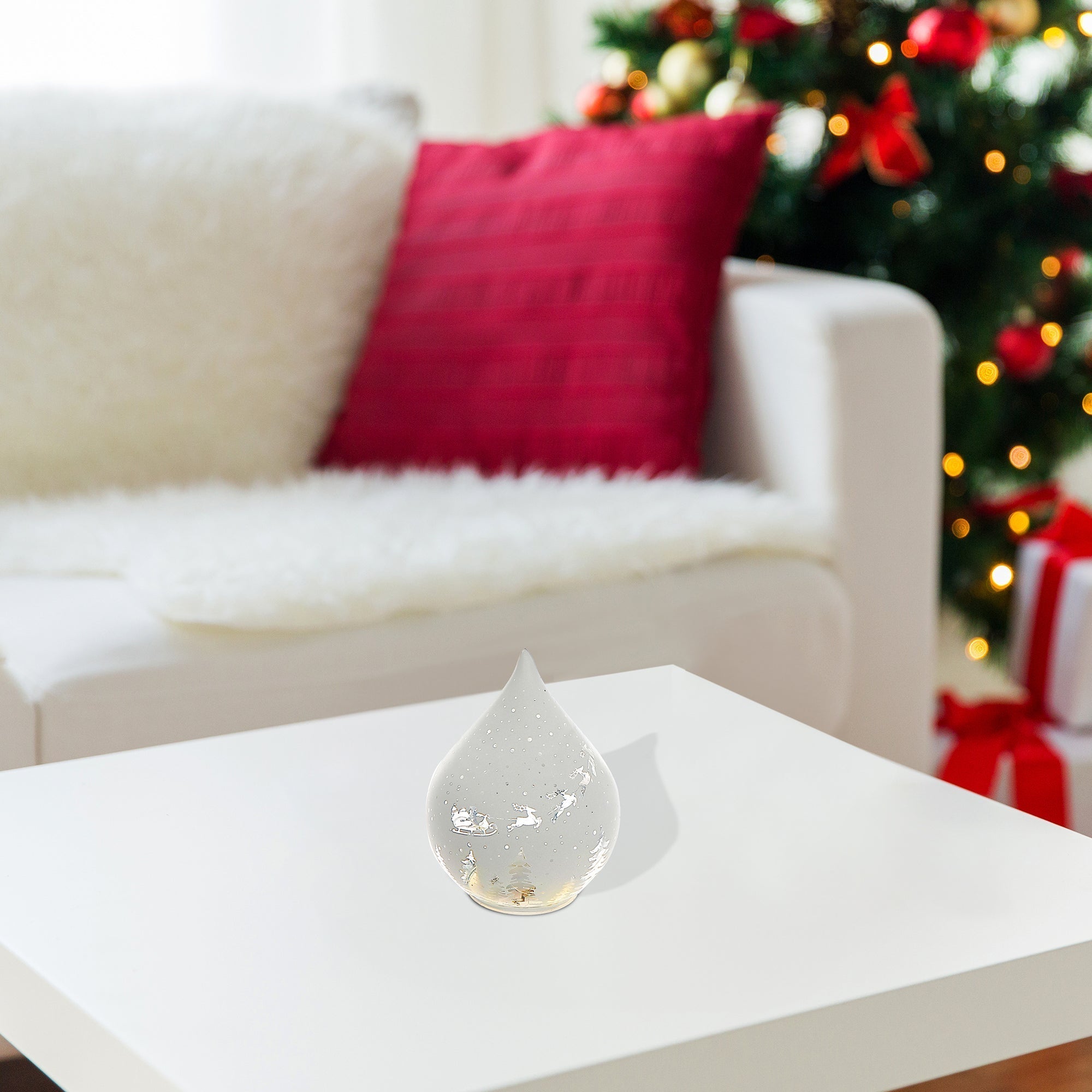 LED Teardrop Glass Stand Santa on Sleigh White Set of 2 – Christmas Table Decor, Holiday Centerpiece, Festive Winter Display