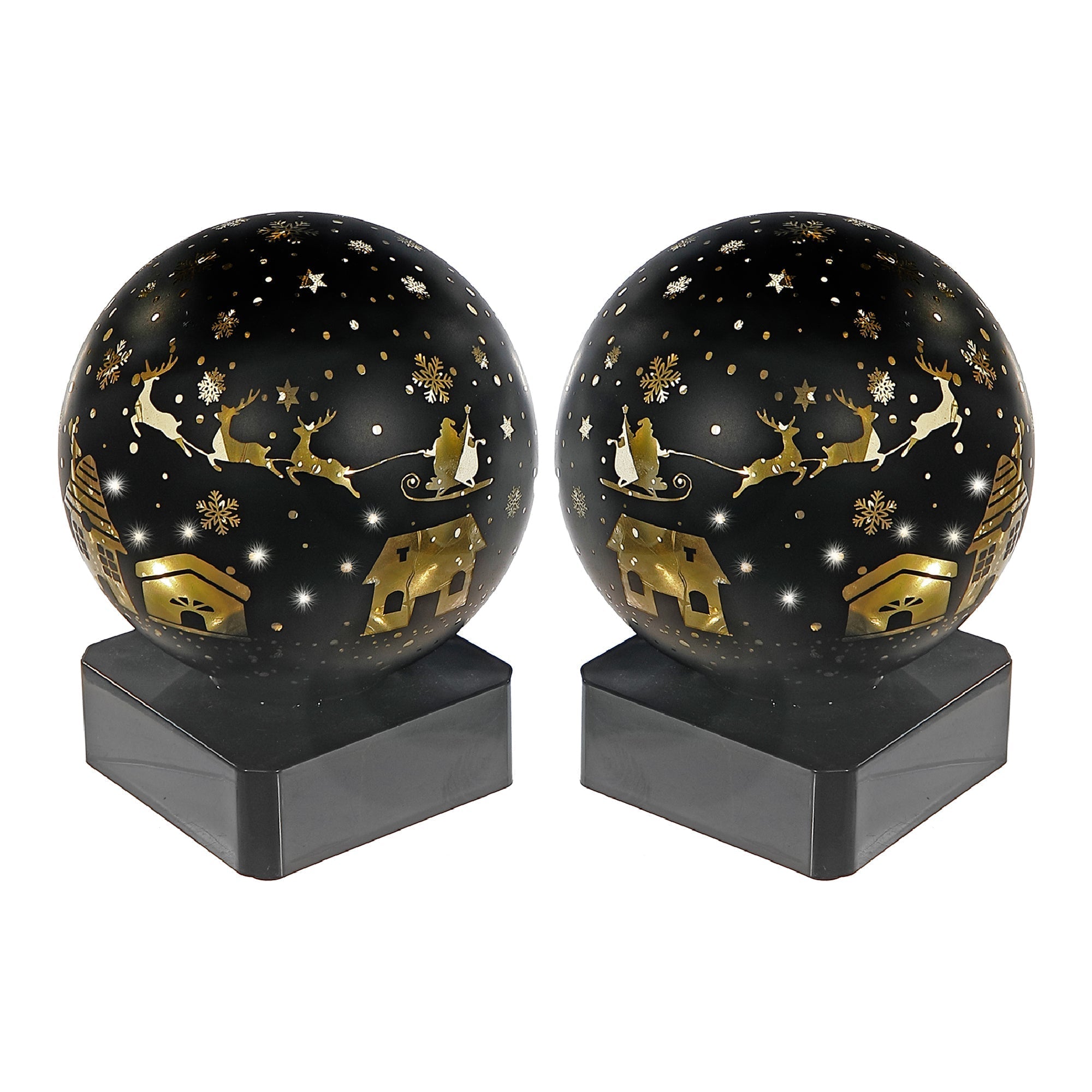 LED Rounded Glass Stand Santa on Sleigh Black Set of 2 – Christmas Table Decor, Holiday Centerpiece, Festive Winter Display