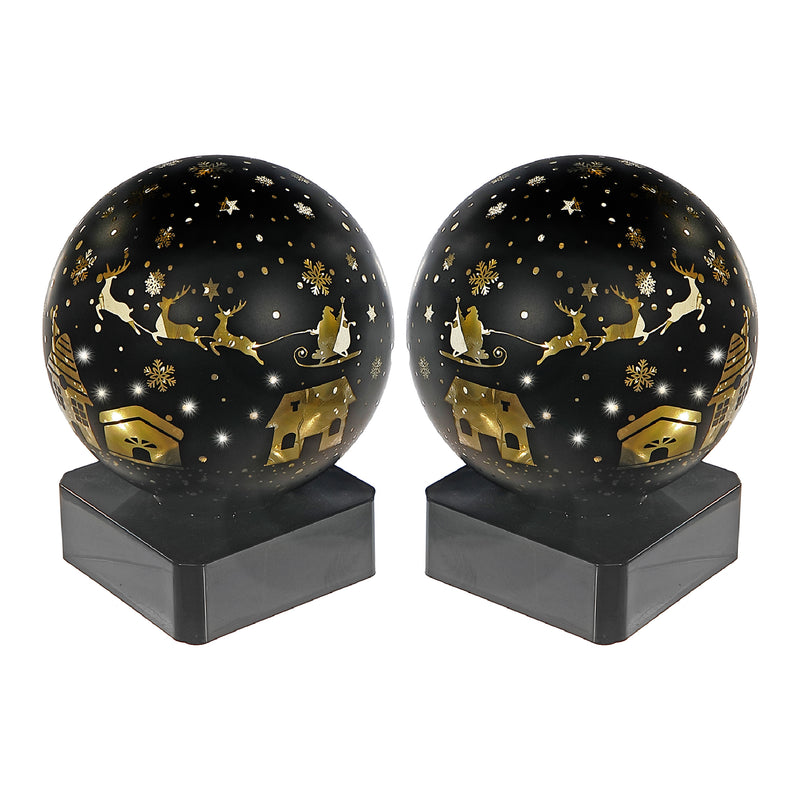 Led Rounded Glass Stand (Santa On A Sleigh) (Black) - Set of 2