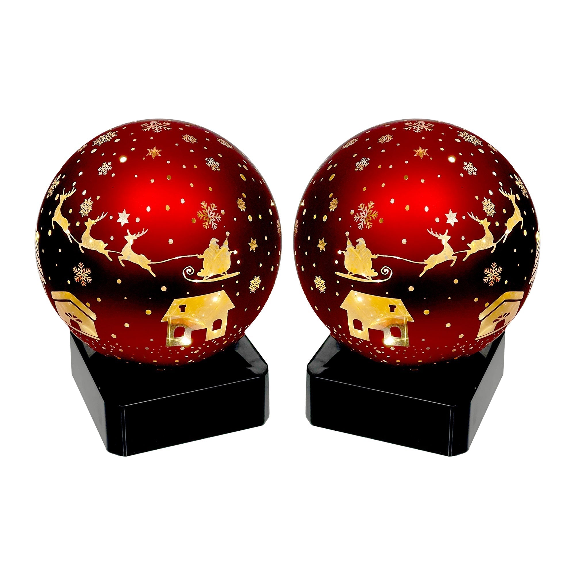 LED Rounded Glass Stand Santa on Sleigh Red Set of 2 – Christmas Table Decor, Holiday Centerpiece, Festive Winter Display