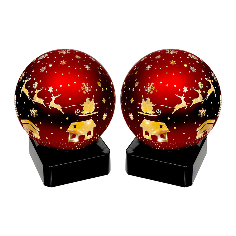 Led Rounded Glass Stand (Santa On A Sleigh) (Red) - Set of 2