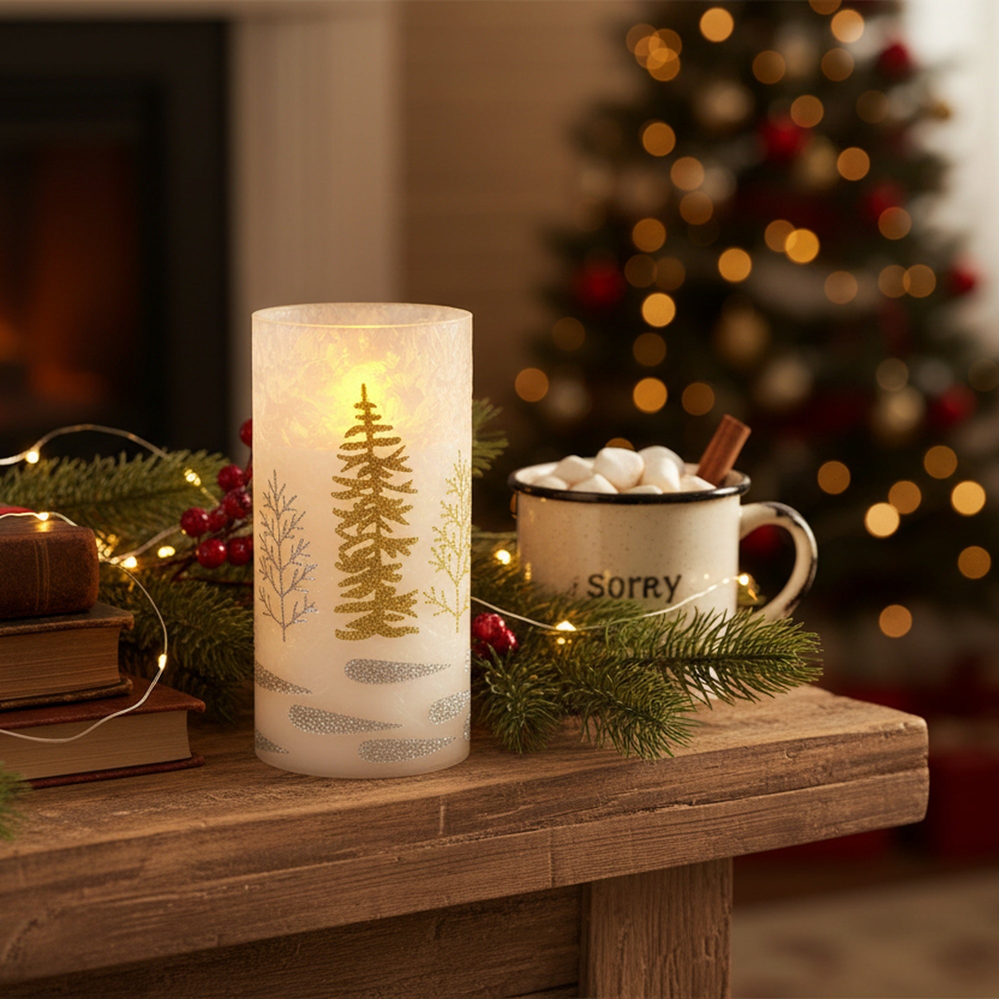 6" LED Glass Wax Candle Christmas Tree Gold, Christmas, Decorative Candle, Holiday Decor
