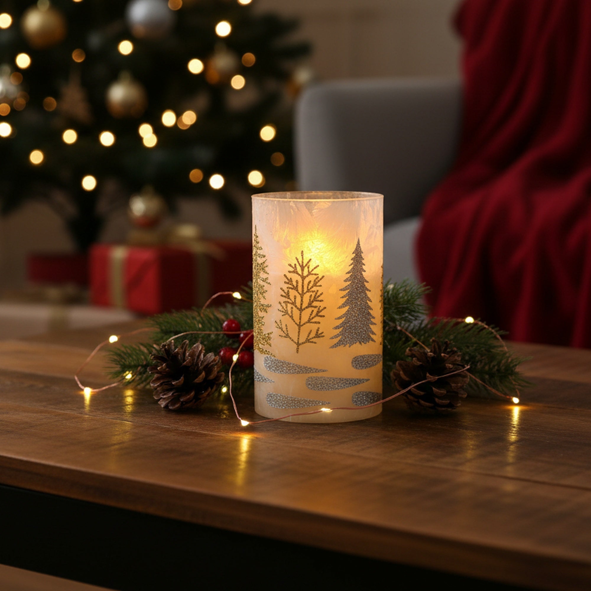 5" LED Glass Wax Candle Christmas Tree Gold, Christmas, Decorative Candle, Holiday Decor