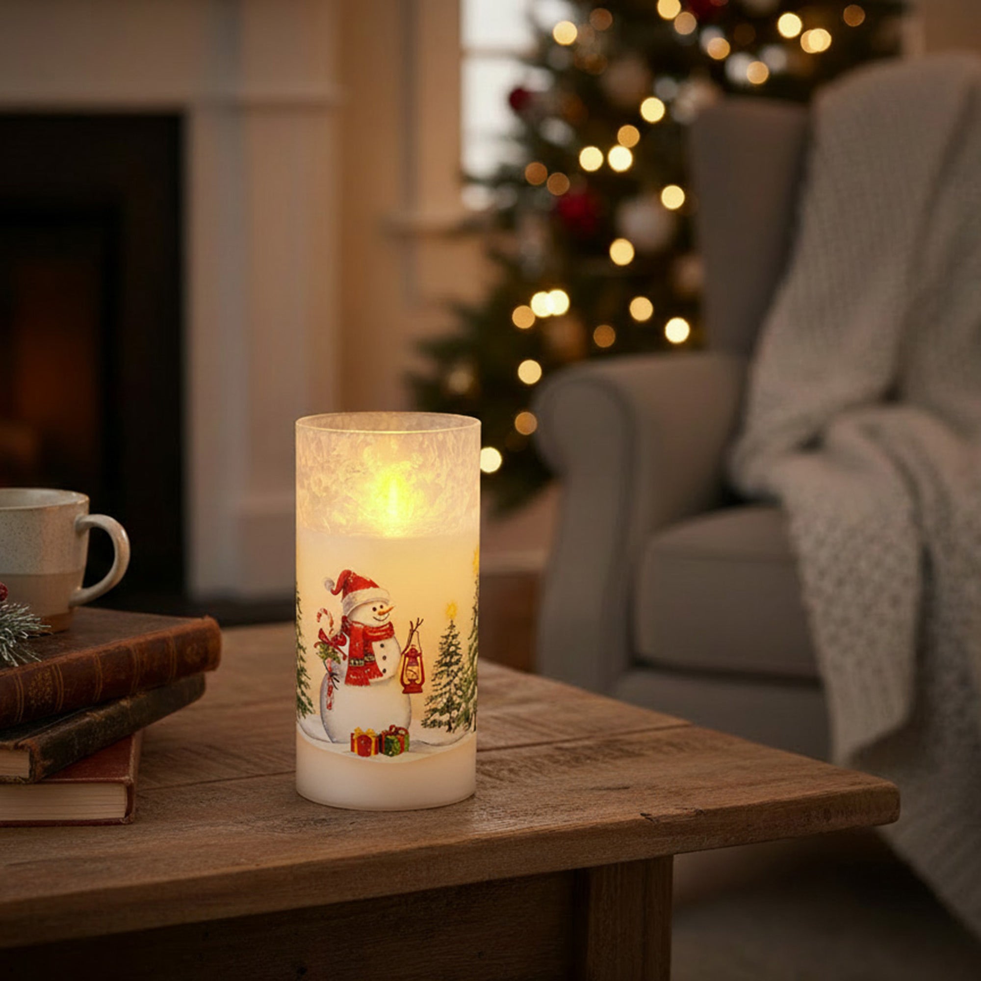 6" LED Glass Wax Candle Snowman, Christmas, Decorative Candle, Holiday Decor
